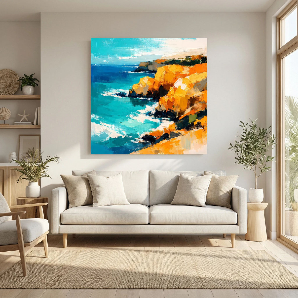 Leinwand Abstraktes Steilküsten Gemälde | Modernes Mediterranes Meeres Wandbild Blau Gelb