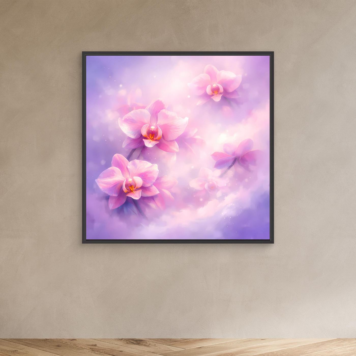 Leinwandbild mit pastellfarbenen Orchideen, schwarzem Rahmen
