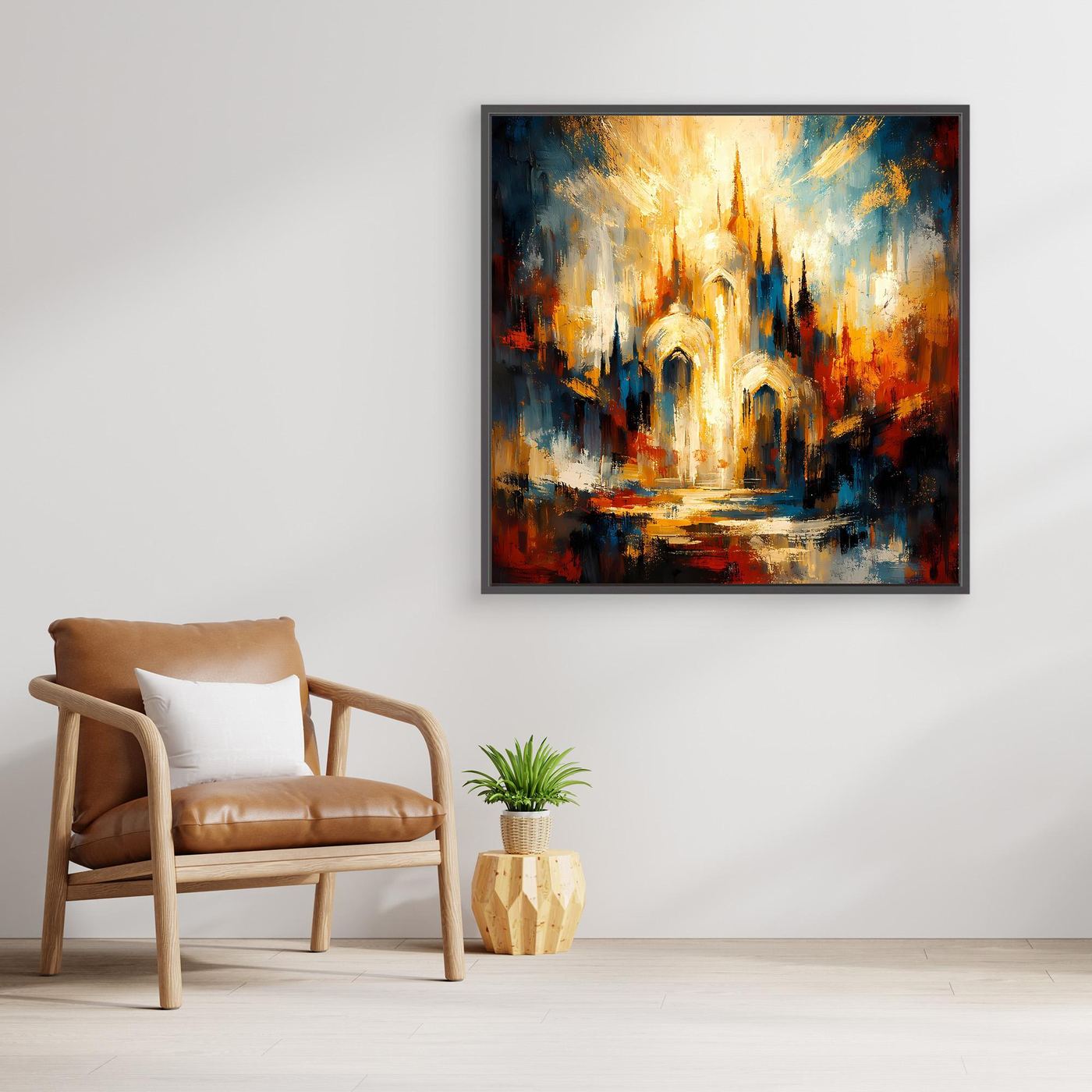 Leinwandbild abstrakte Kathedrale mit goldener Lichtquelle, Holzrahmen