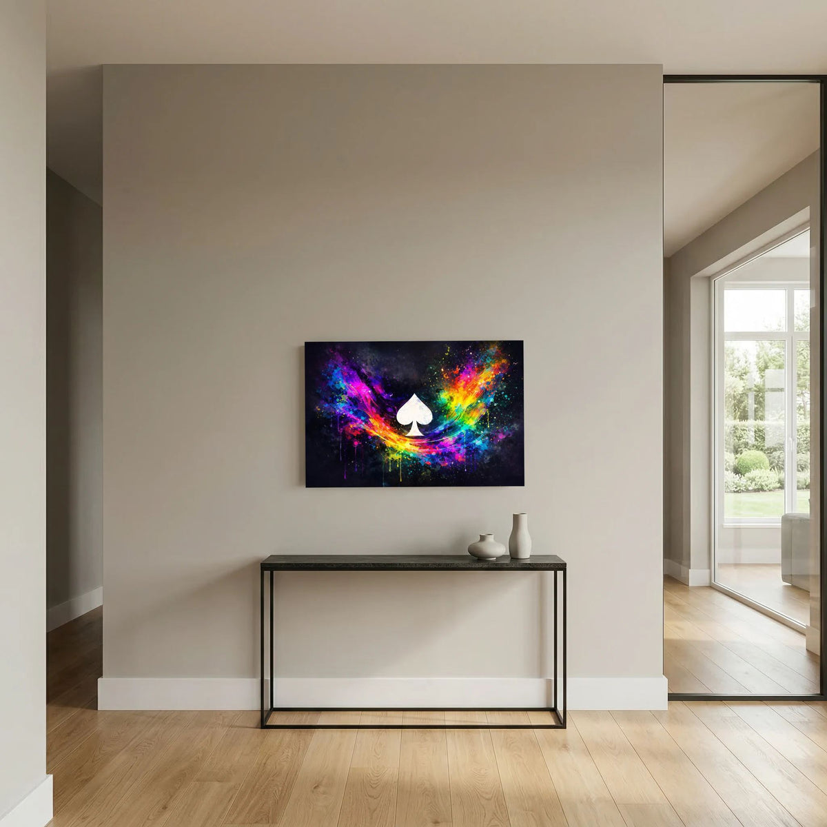 Wandbild Querformat mit Neon-Spektralfarben, Farbverlaufsspritzern und weißem Pik-Symbol.