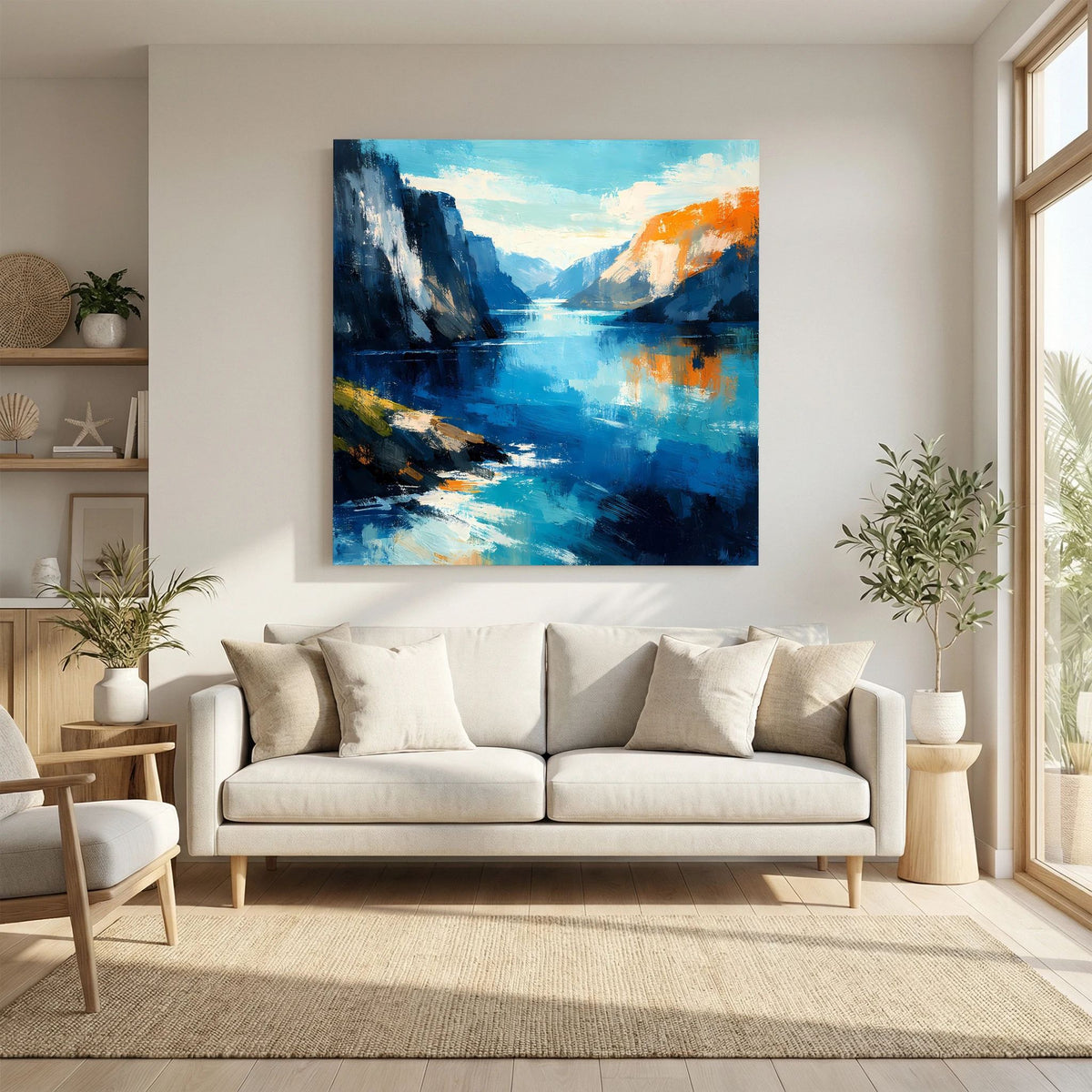 Leinwand Abstraktes Fjord Gemälde | Modernes Norwegisches Wandbild Blau Orange