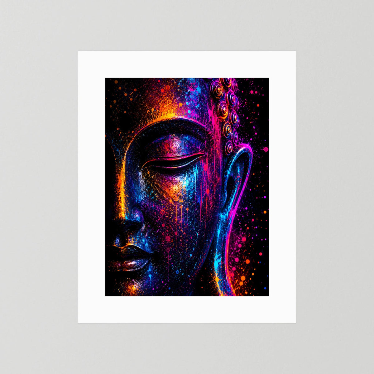 Kunstposter mit abstraktem Buddha-Gesicht im Neonlicht, pink-blau-orange, ohne Rahmen
