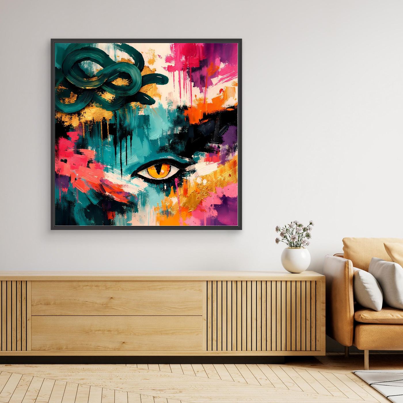 Leinwand-Wandbild abstraktes Medusa-Auge, bunte Farbflecken, schwarzer Rahmen