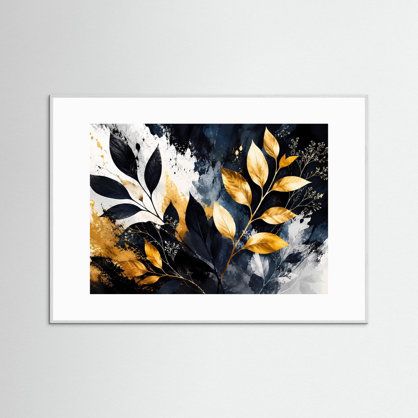 Goldene Botanische Blätter Wandbild | Schwarz Weiß Gold Pflanzen Kunst | Moderne Botanical Wall Art | Luxus Leinwand Poster | Elegante Natur Deko