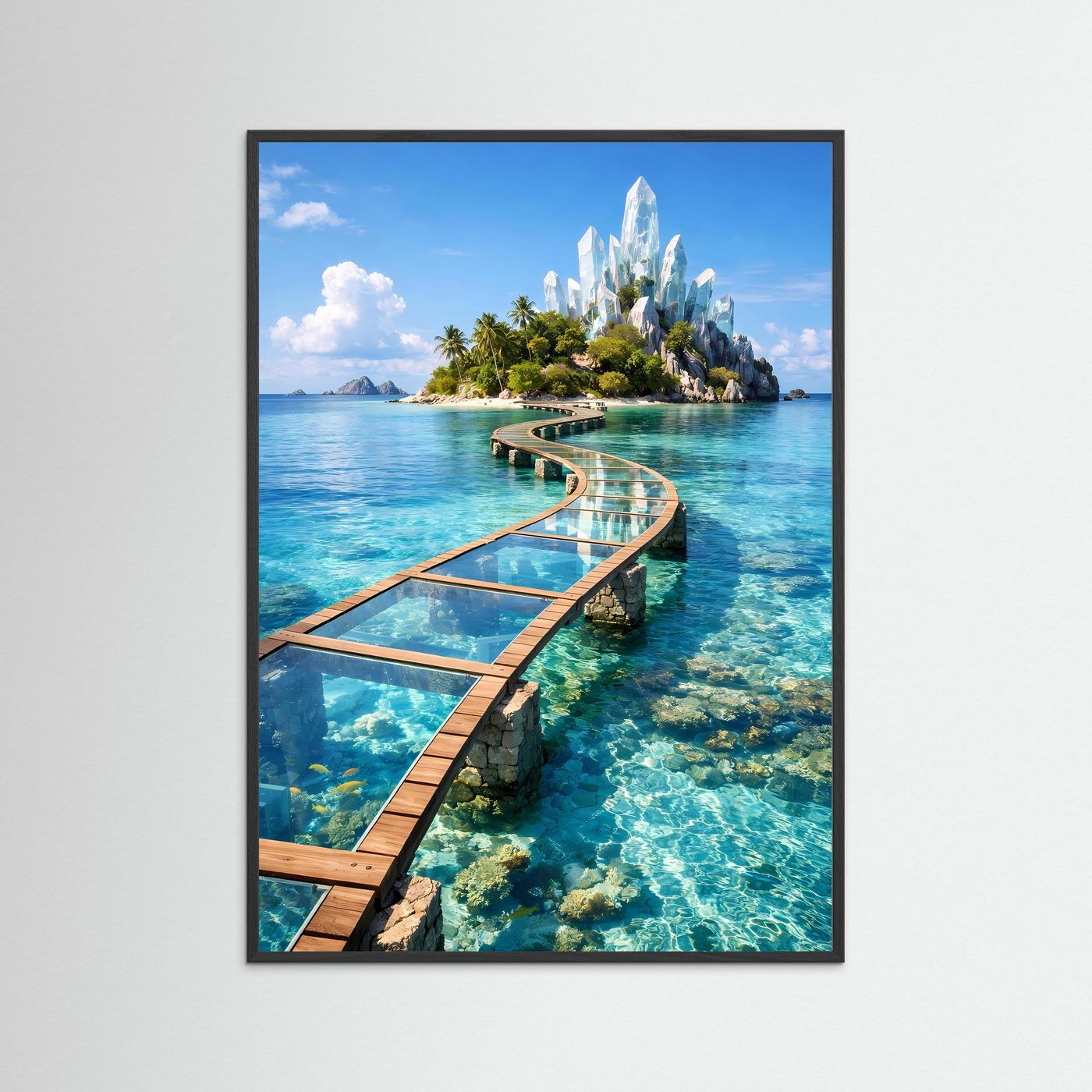Landschafts-Poster mit schwarzem Rahmen: türkisblaues Meer, Insel und Steg
