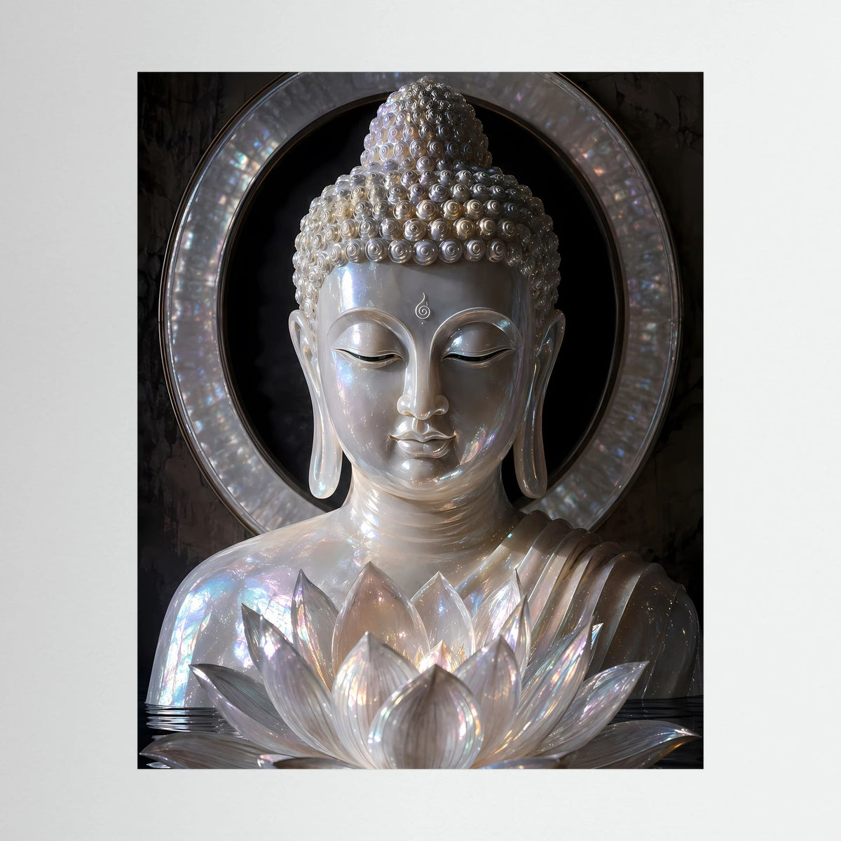 Poster: silberner Perlmutt-Buddha mit geschlossenen Augen und Lotus vor Schmuckring