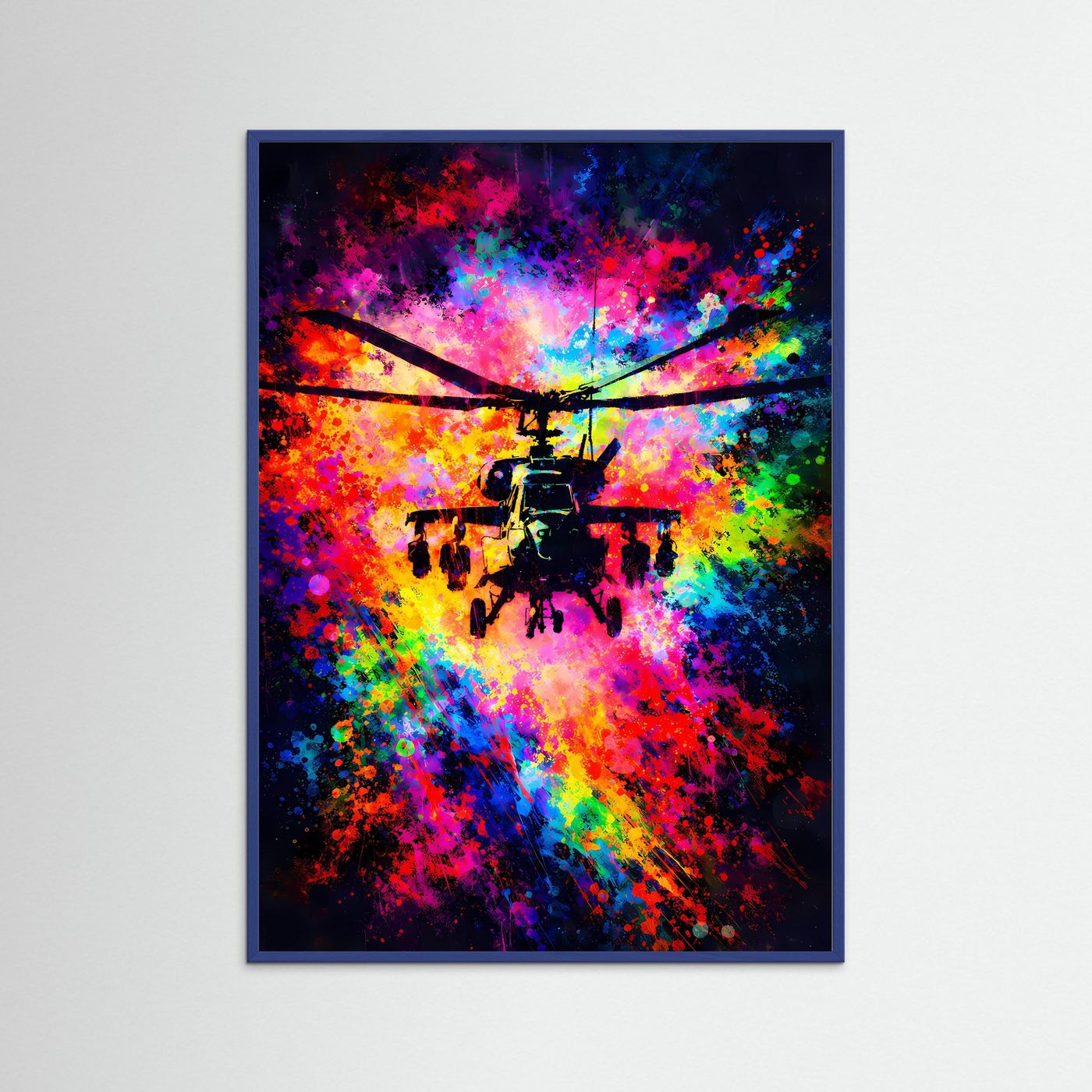 Explosive Dynamik | Helikopter Poster in bunten Neon-Farben & Graffiti-Optik | Abstraktes Kunstposter Hochformat
