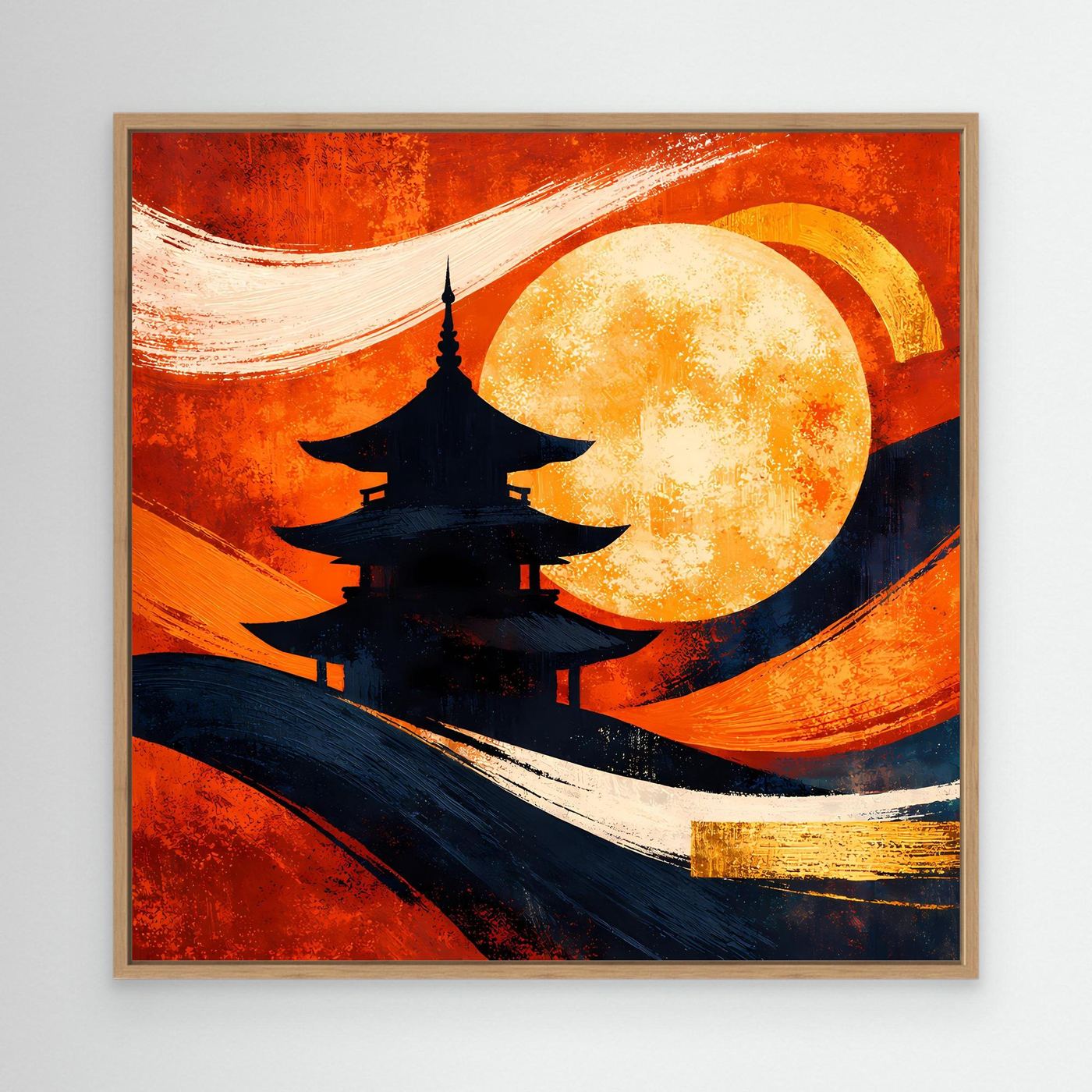 Leinwandbild mit Pagode und Vollmond, abstrakt in Rot-Orange und Blau, im hellen Holzrahmen