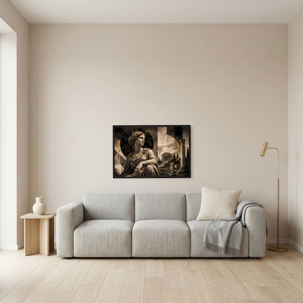 Wand-Poster im Querformat mit antiker Göttin in Schwarz-Gold, schwarzer Rahmen