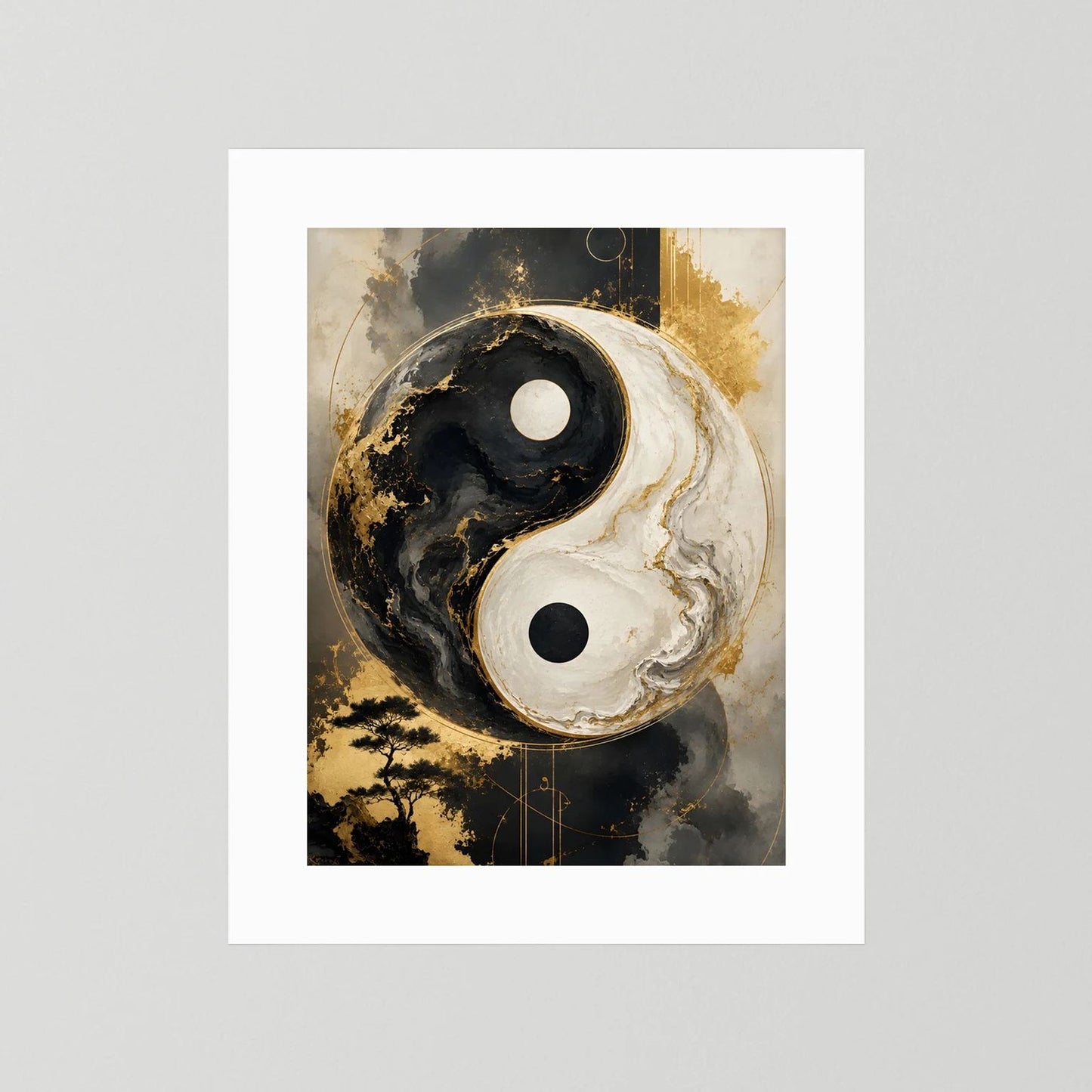 Wandbild im Hochformat mit Yin-Yang-Motiv in Schwarz, Weiß und Gold, weißer Rand