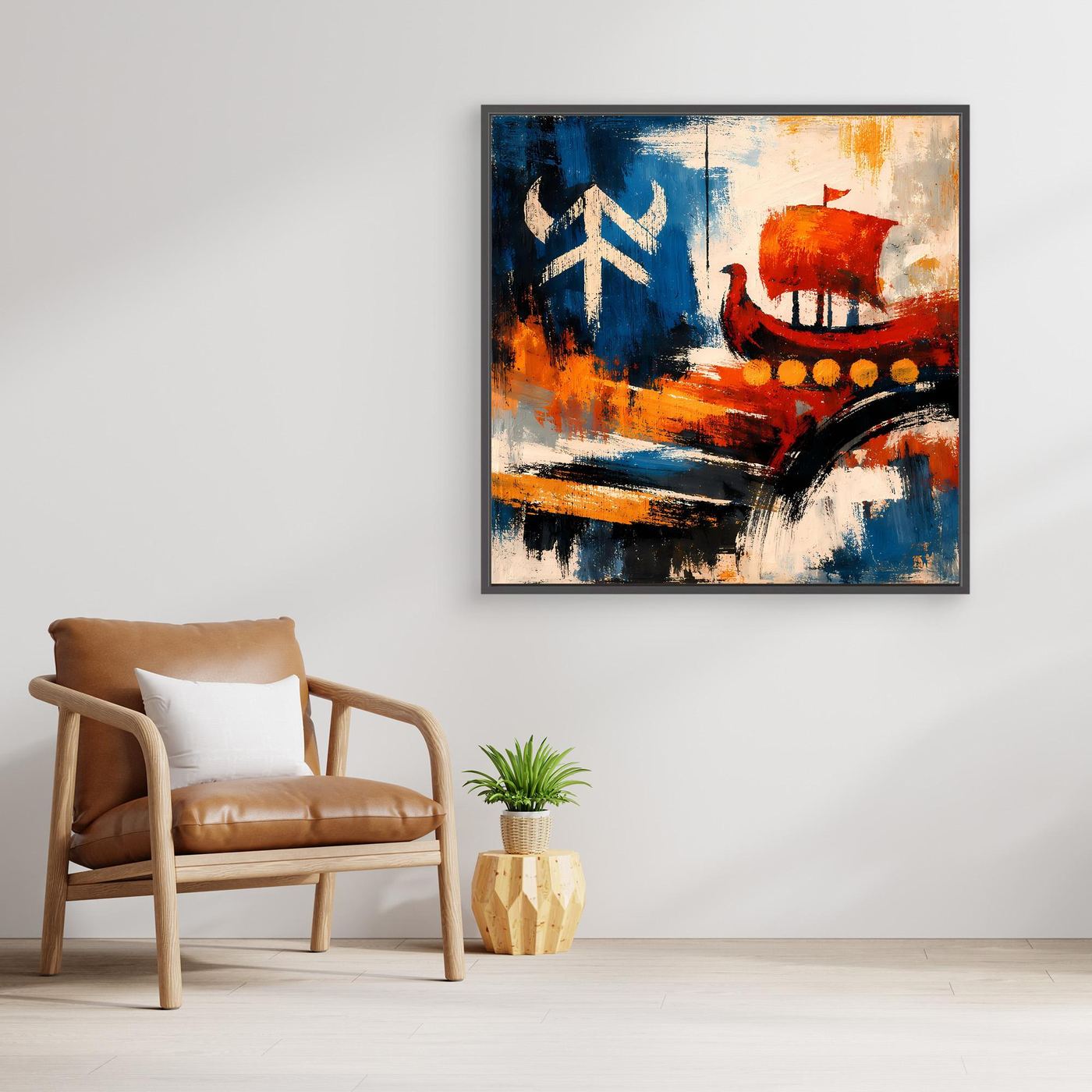 Leinwandbild mit abstraktem Wikingerschiff in Blau und Rot, mit dunklem Rahmen