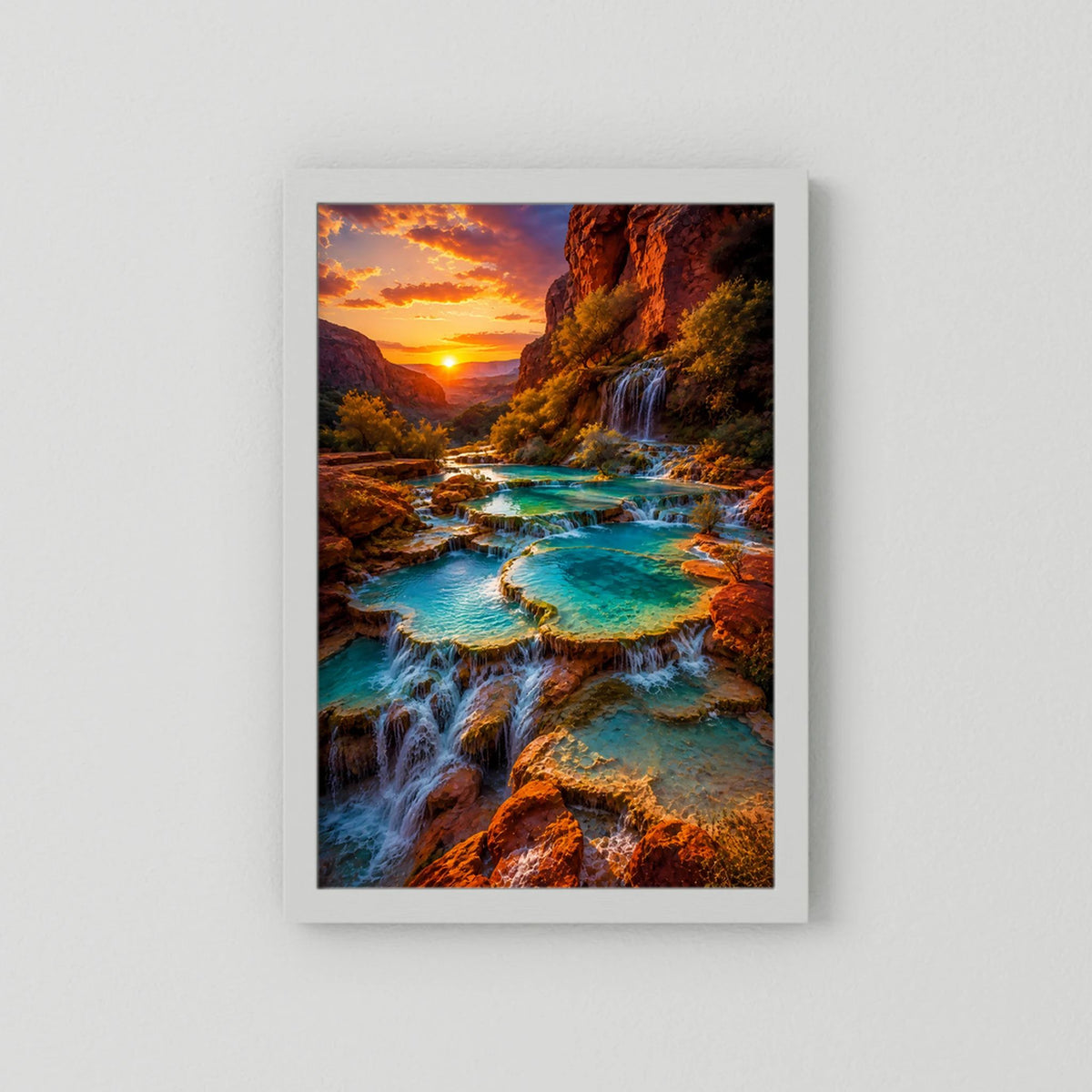 Hochformat-Poster ohne Rahmen, Canyon mit Wasserfällen, türkisfarbenen Pools und Sonnenuntergangshimmel