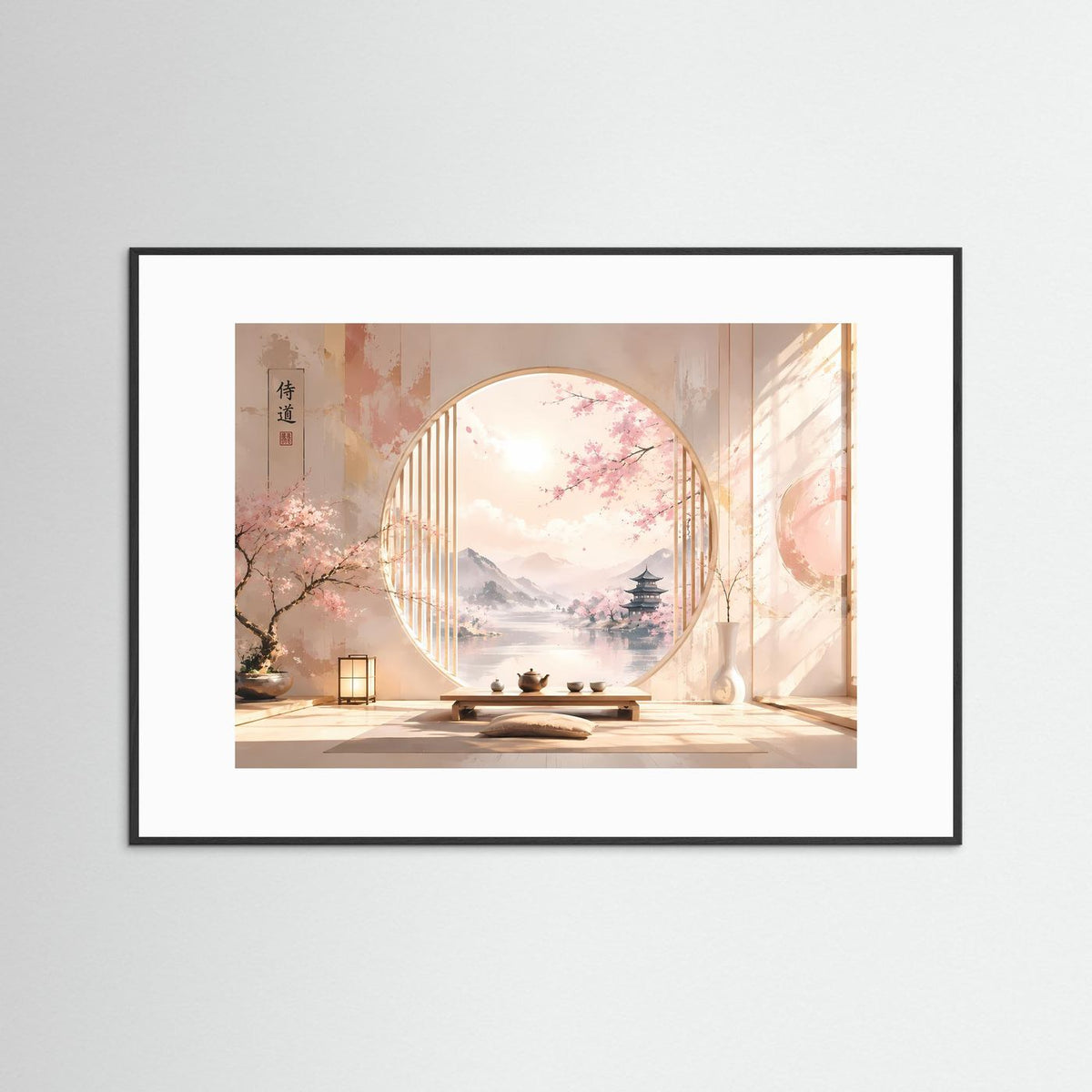 Gerahmter Kunstdruck mit Kirschblüten im Zen-Raum, schwarzer Rahmen mit weißem Passepartout