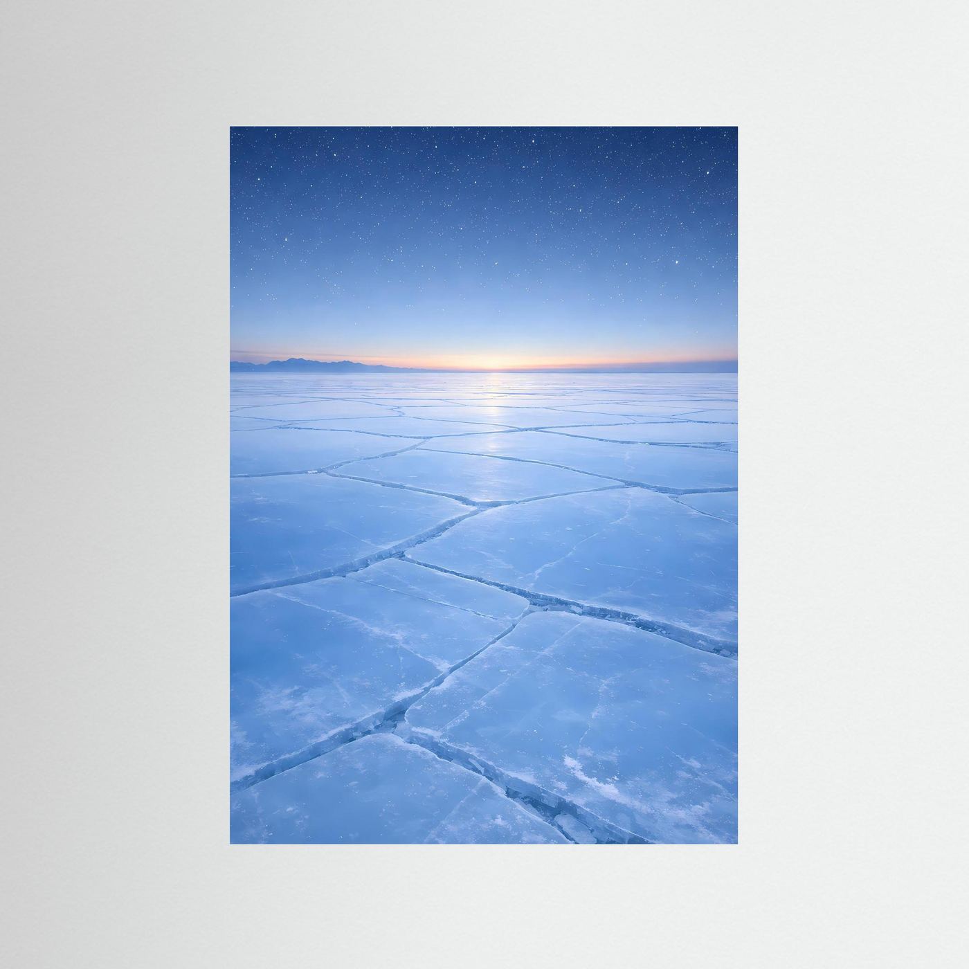 Hochformatiges Poster mit blauem Eis und Sonnenaufgang am Horizont.