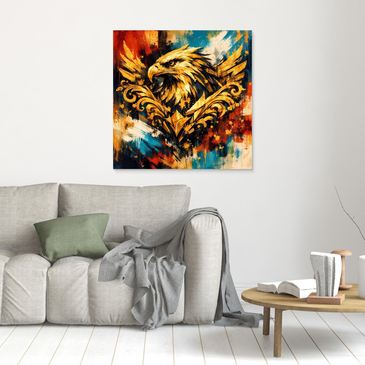 Kleines Leinwand-Wandbild mit goldenem Adler im Barockstil, abstrakt