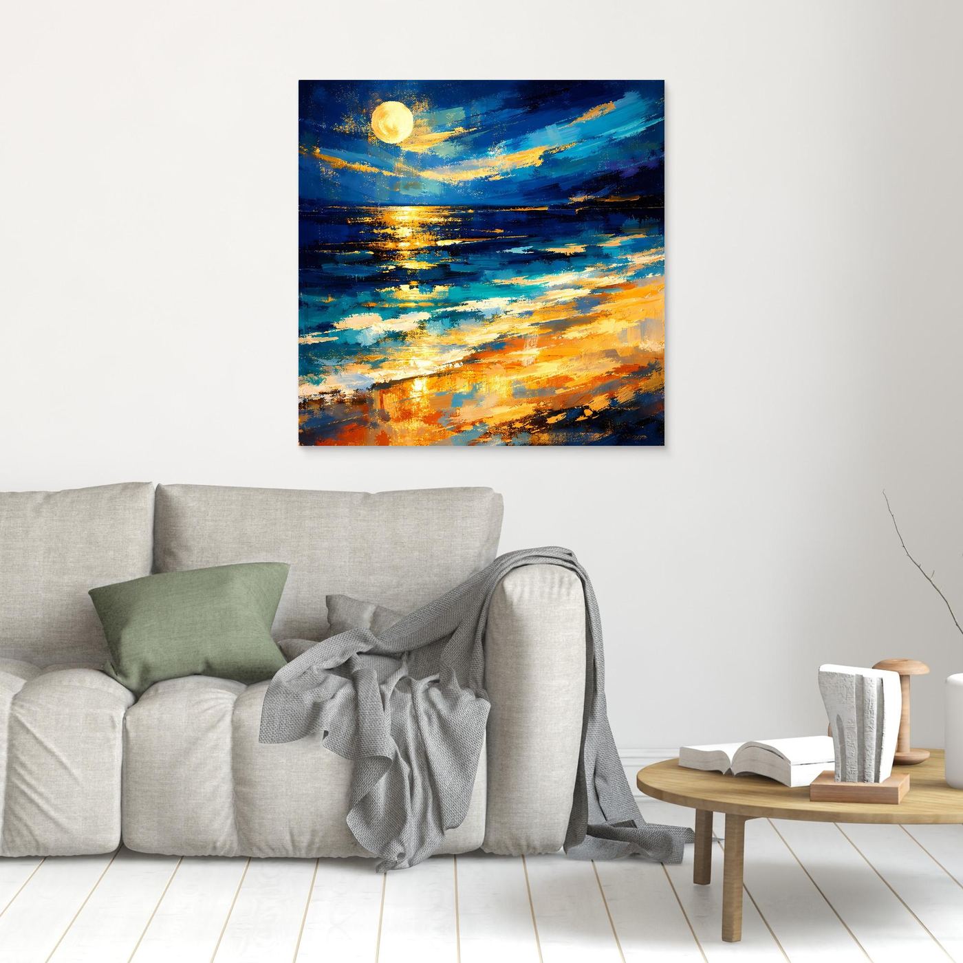 Leinwandbild mit leuchtendem Vollmond und abstraktem Meer, Blau-Gold