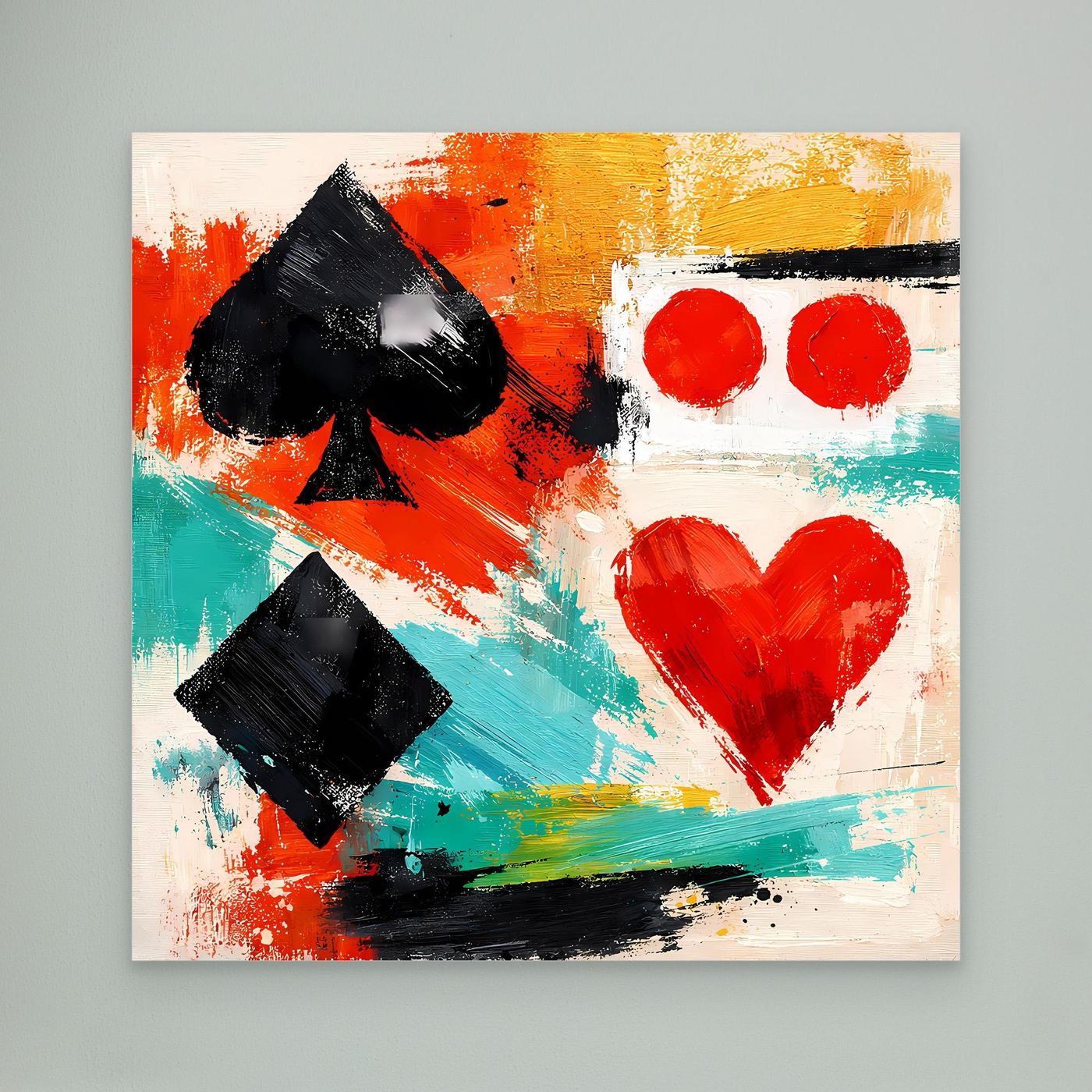 Abstract canvas art with black spade, black diamond, red dots and heart on colorful brushstrokes