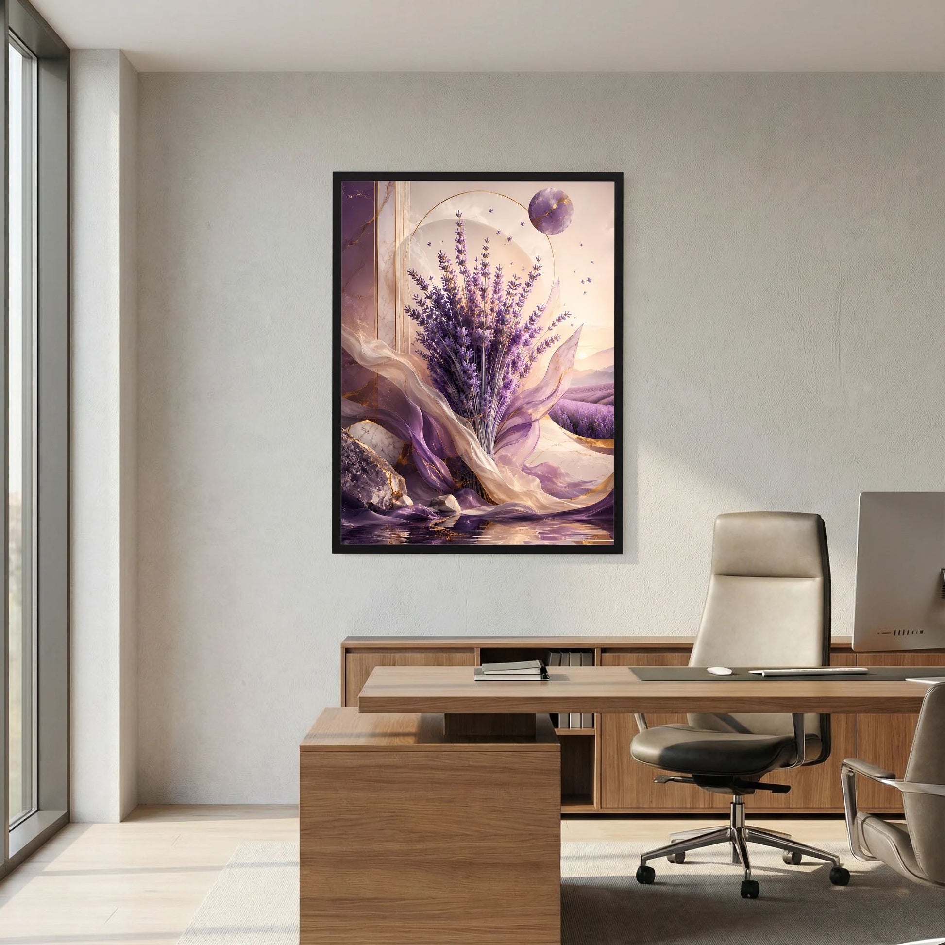 Lavendel-Poster im Hochformat: violette Blüten, lila Wellen und goldene Akzente, im Rahmen