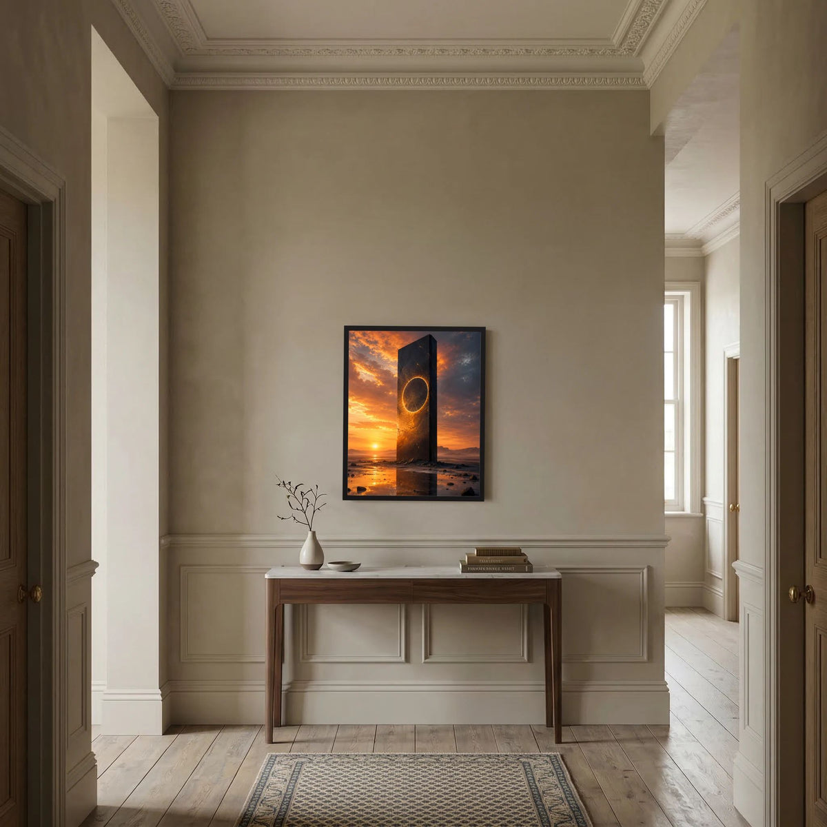 Hochformat-Poster an der Wand über einer Konsole: schwarzer Monolith mit goldenem Portalring.