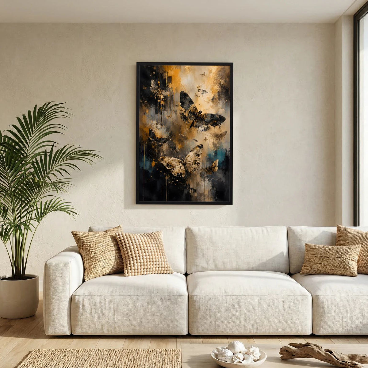 Wandbild mit abstrakten Schmetterlingen im schwarzen Rahmen, Schwarz-Gold-Blau