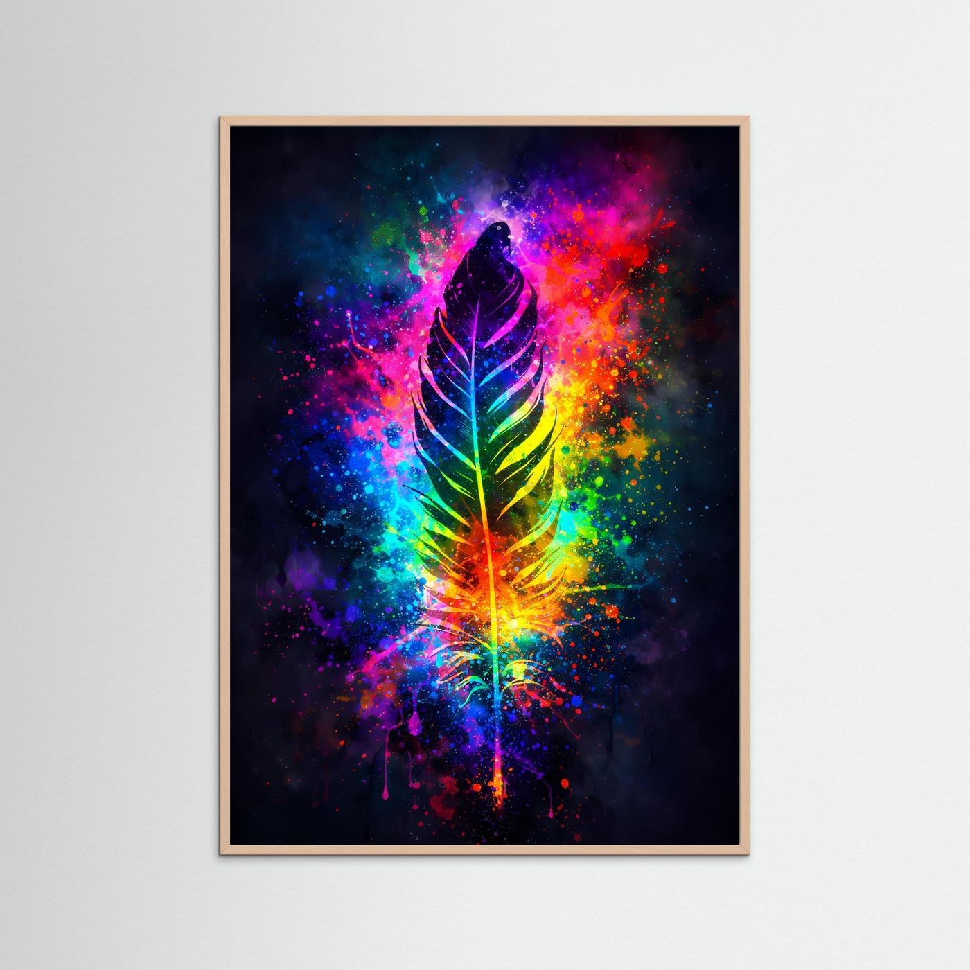 Wandbild mit Regenbogen-Feder im Kosmos, heller Holzrahmen