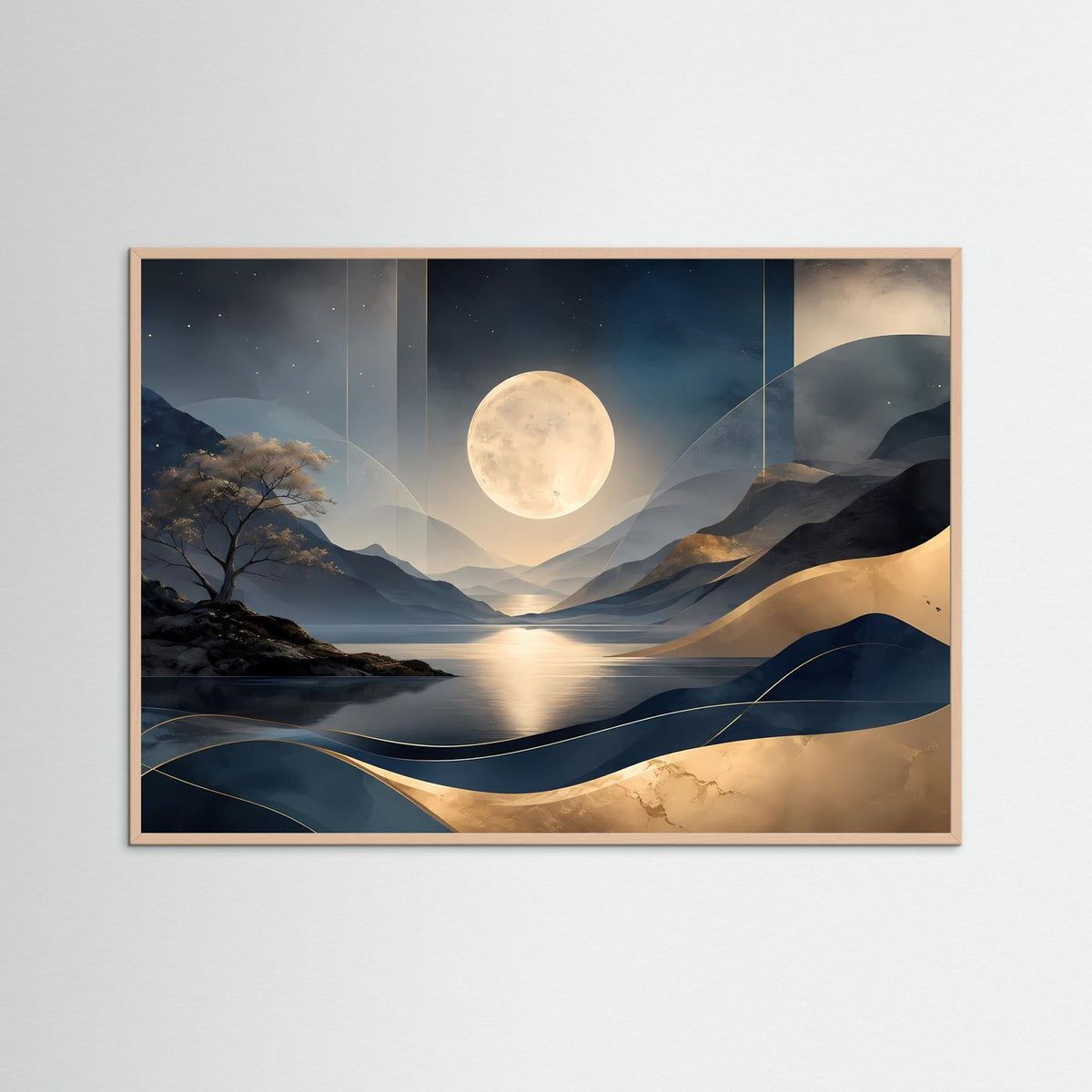 Querformat-Poster mit Mond über Berglandschaft und See in Blau- und Goldtönen, roséfarbener Rahmen