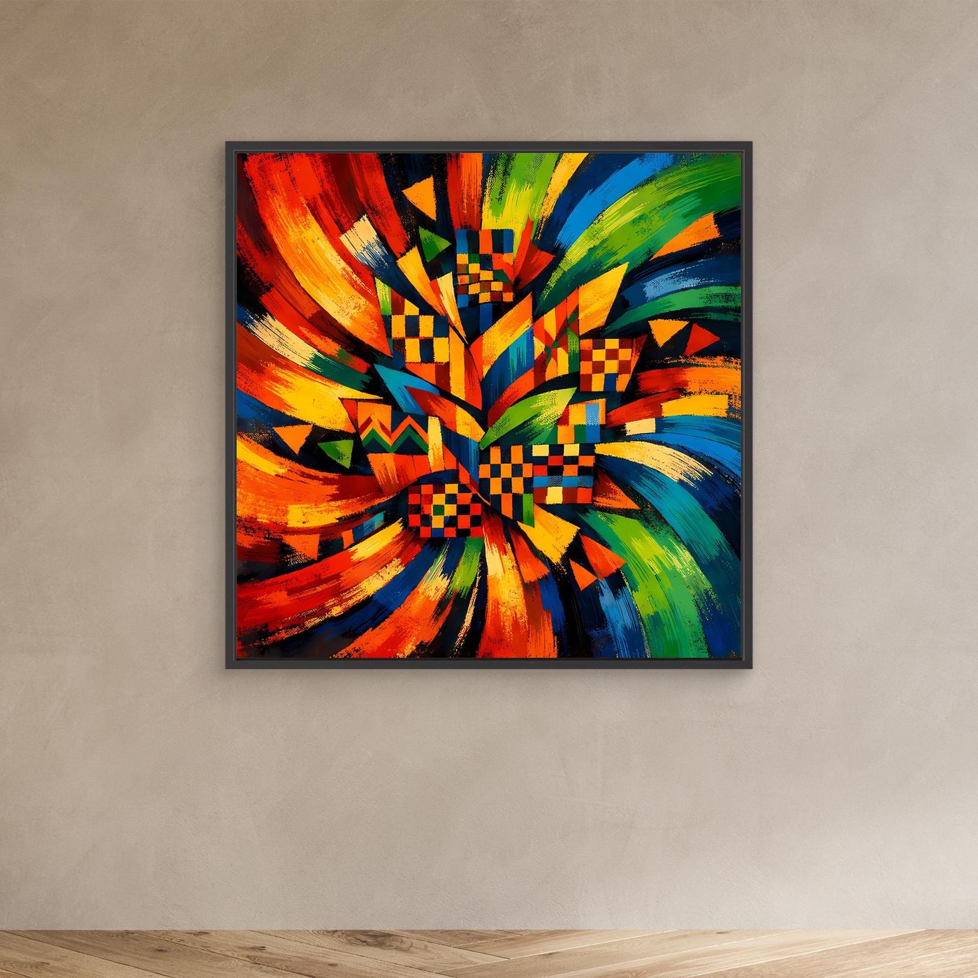 Buntes Leinwandbild mit geometrischen Check-Mustern im Strahlenmotiv, schwarzer Rahmen