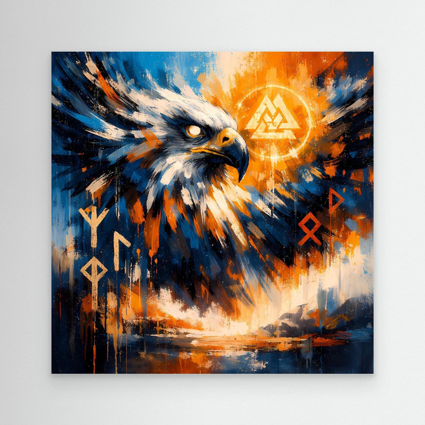 Abstraktes Leinwand-Wandbild mit nordischem Adler, blau-orangen Farben, ohne sichtbaren Rahmen