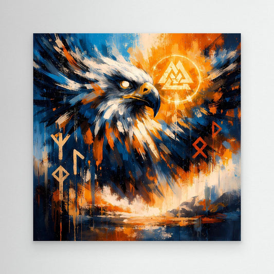 Abstraktes Leinwand-Wandbild mit nordischem Adler, blau-orangen Farben, ohne sichtbaren Rahmen