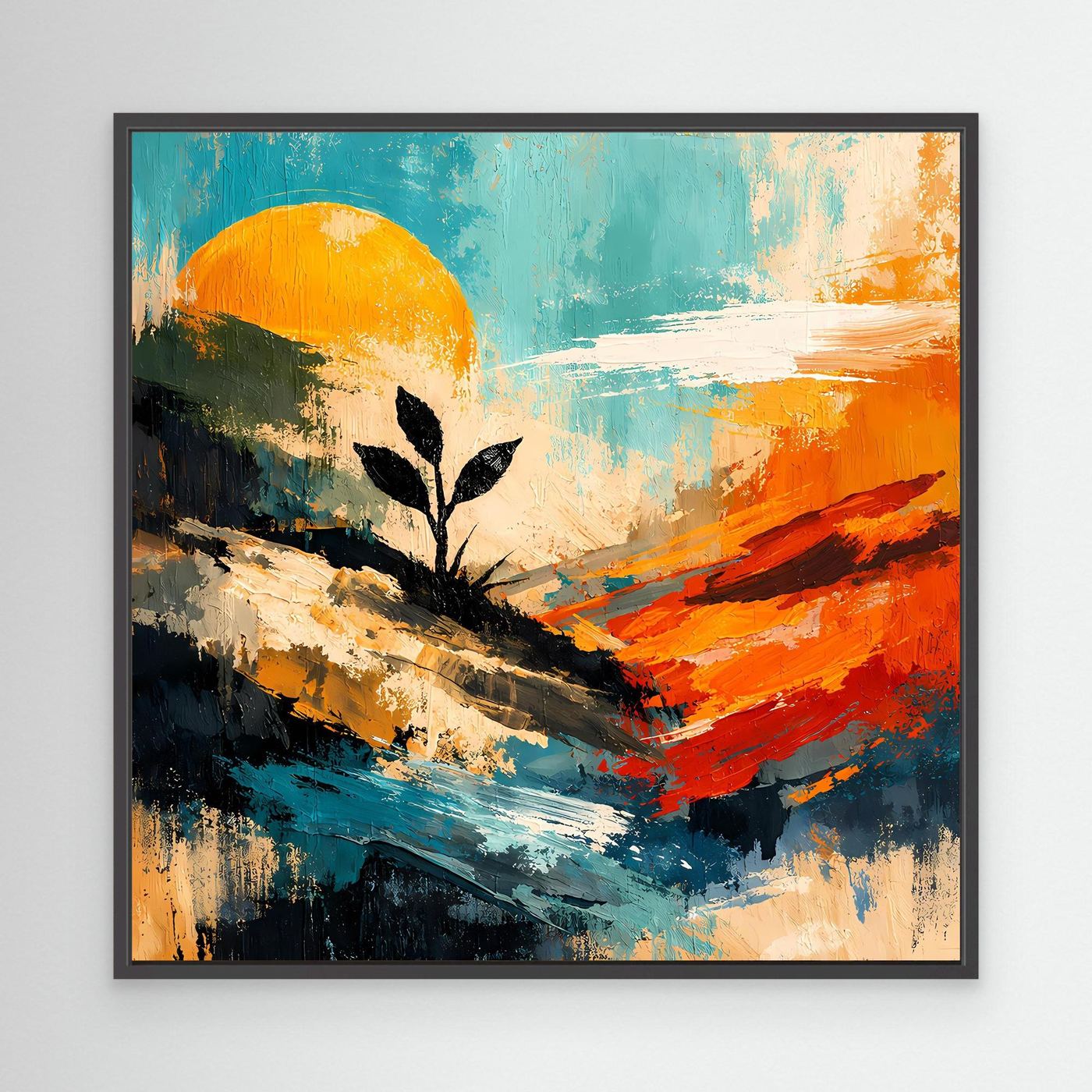 Abstraktes Wandbild mit schwarzem Rahmen: Sonne, Baum-Silhouette und Farbverläufe