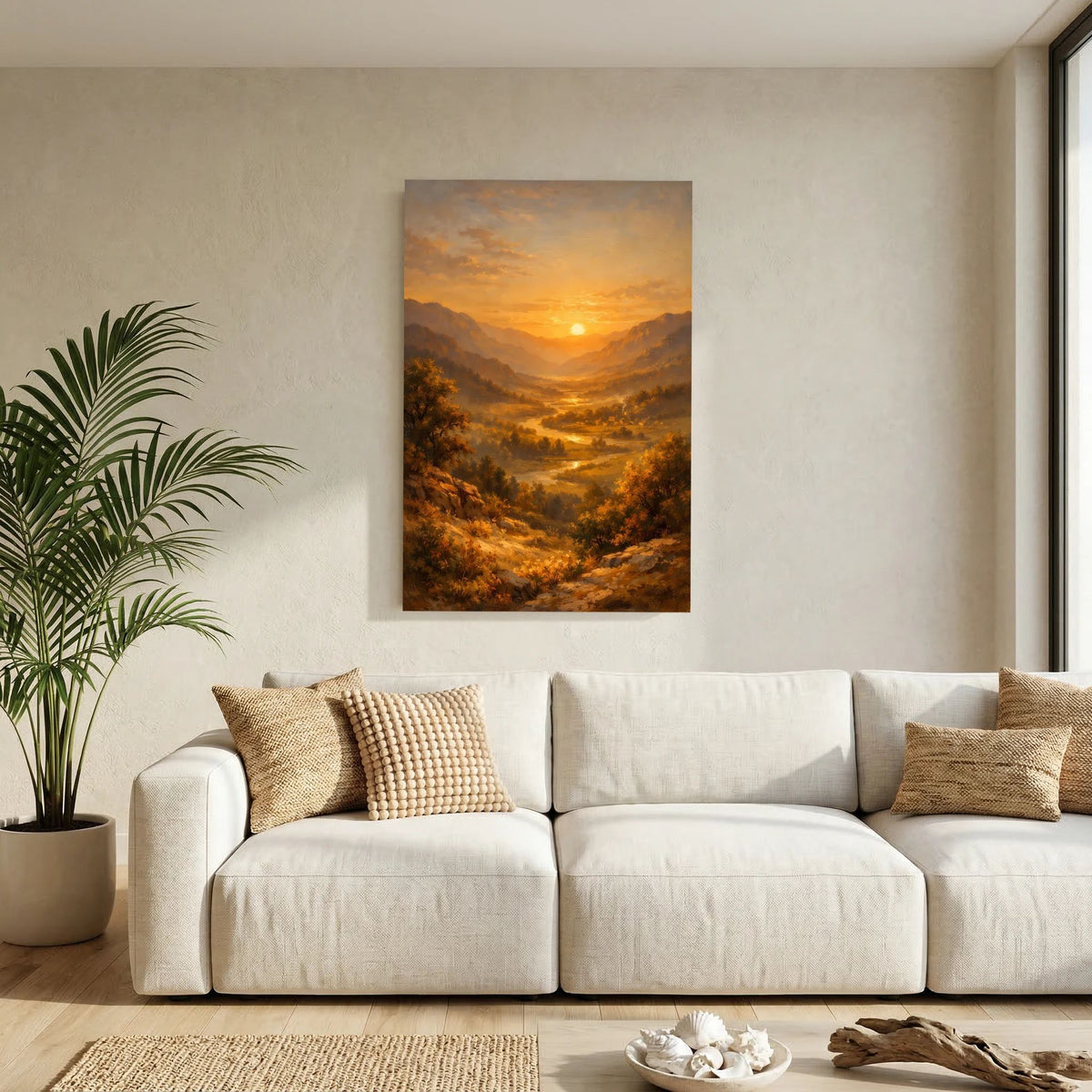 Hochformatiges Wandbild mit Flusstal zwischen Bergen und goldener Abendsonne
