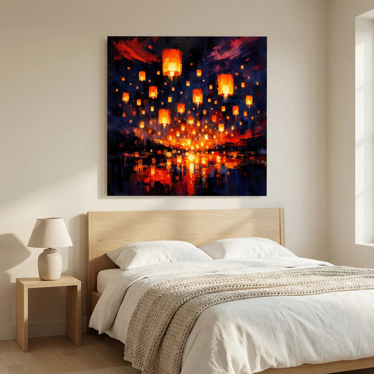 Keilrahmen-Wandbild mit Laternenregen, orange-goldener Mitte und dunkler Nachtreflexion