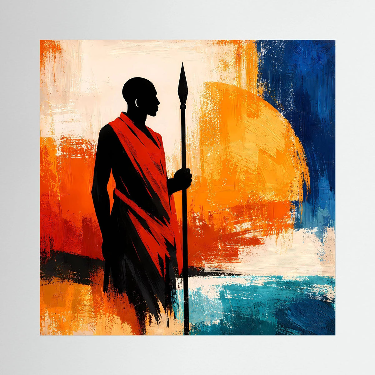 Quadratisches Wandbild mit Krieger-Silhouette, rot-schwarz, hält Speer vor Orange-Blau-Farbfeldern.
