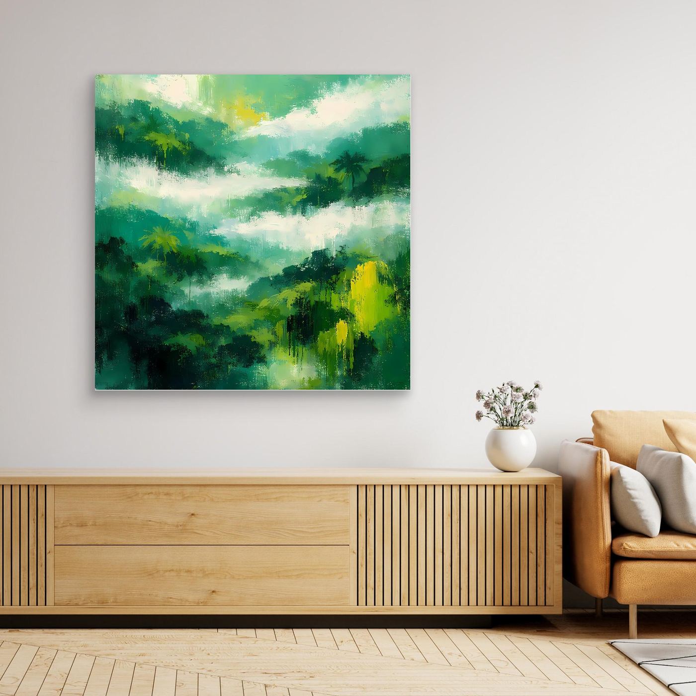 Quadratisches Leinwand-Wandbild: abstrakter Regenwald mit Nebel, ohne Rahmen