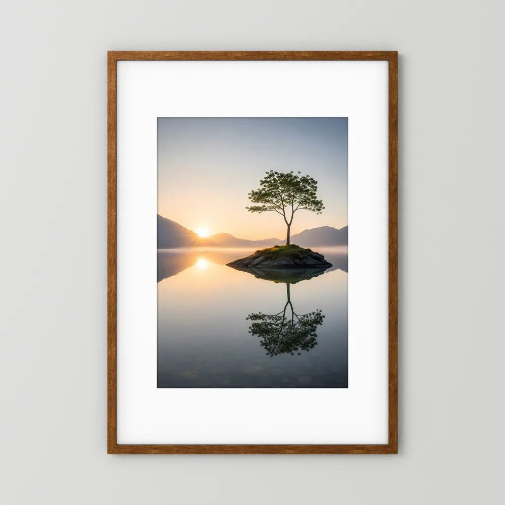 Poster mit braunem Holzrahmen und weißem Passepartout, einsamer Baum auf kleiner Insel