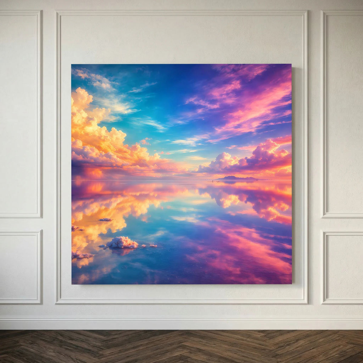 Leinwandbild mit farbigem Himmel: blaue Fläche, lila Wolken und orange Licht