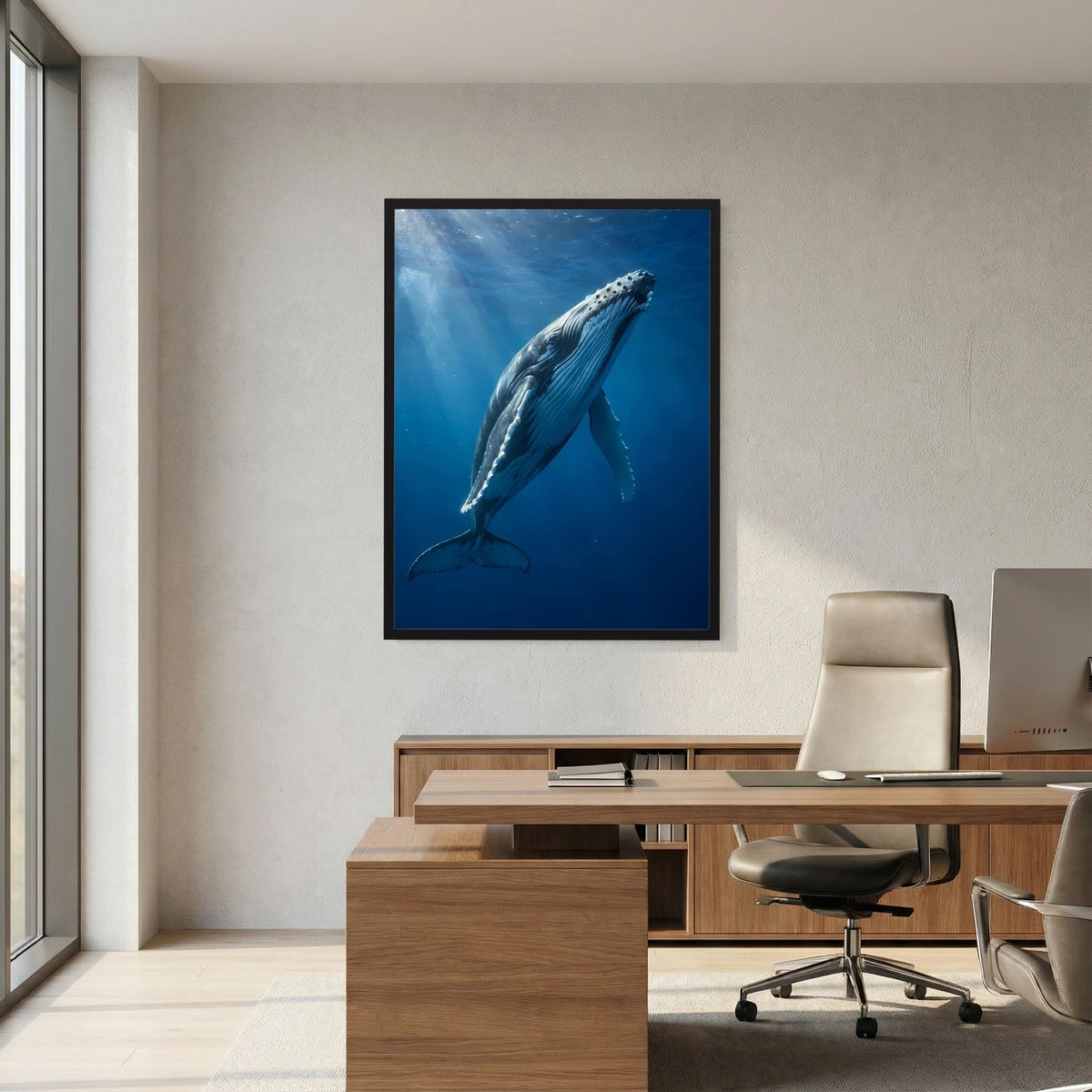 Wandposter mit Buckelwal unter Wasser, schwarzer Rahmen