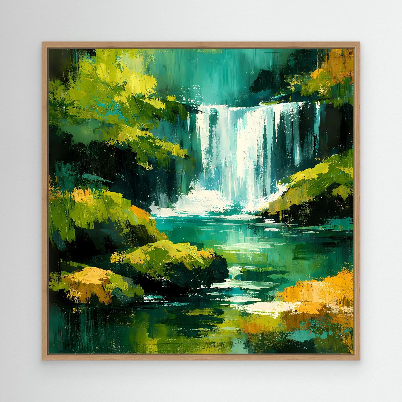 Wandbild mit abstraktem Dschungel-Wasserfall in Grün, Gelb und Türkis, Eichenrahmen
