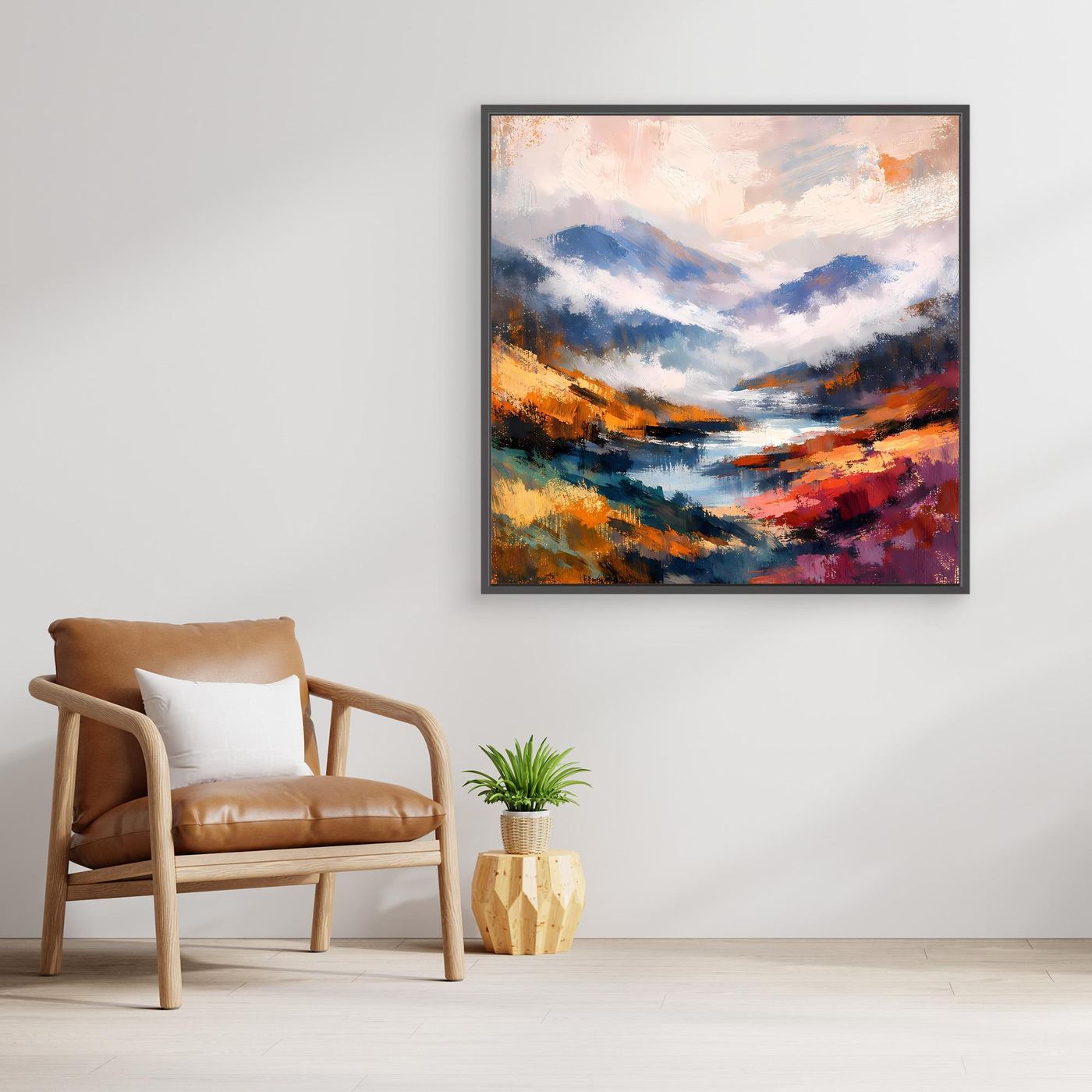 Abstraktes Leinwand-Wandbild mit Berglandschaft und Flusslauf, schwarz gerahmt
