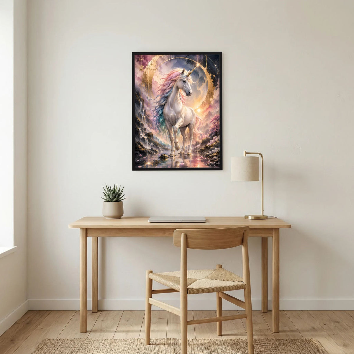 Gerahmtes Hochformat-Poster mit Einhorn in Pastellfarben, goldene Lichtpunkte