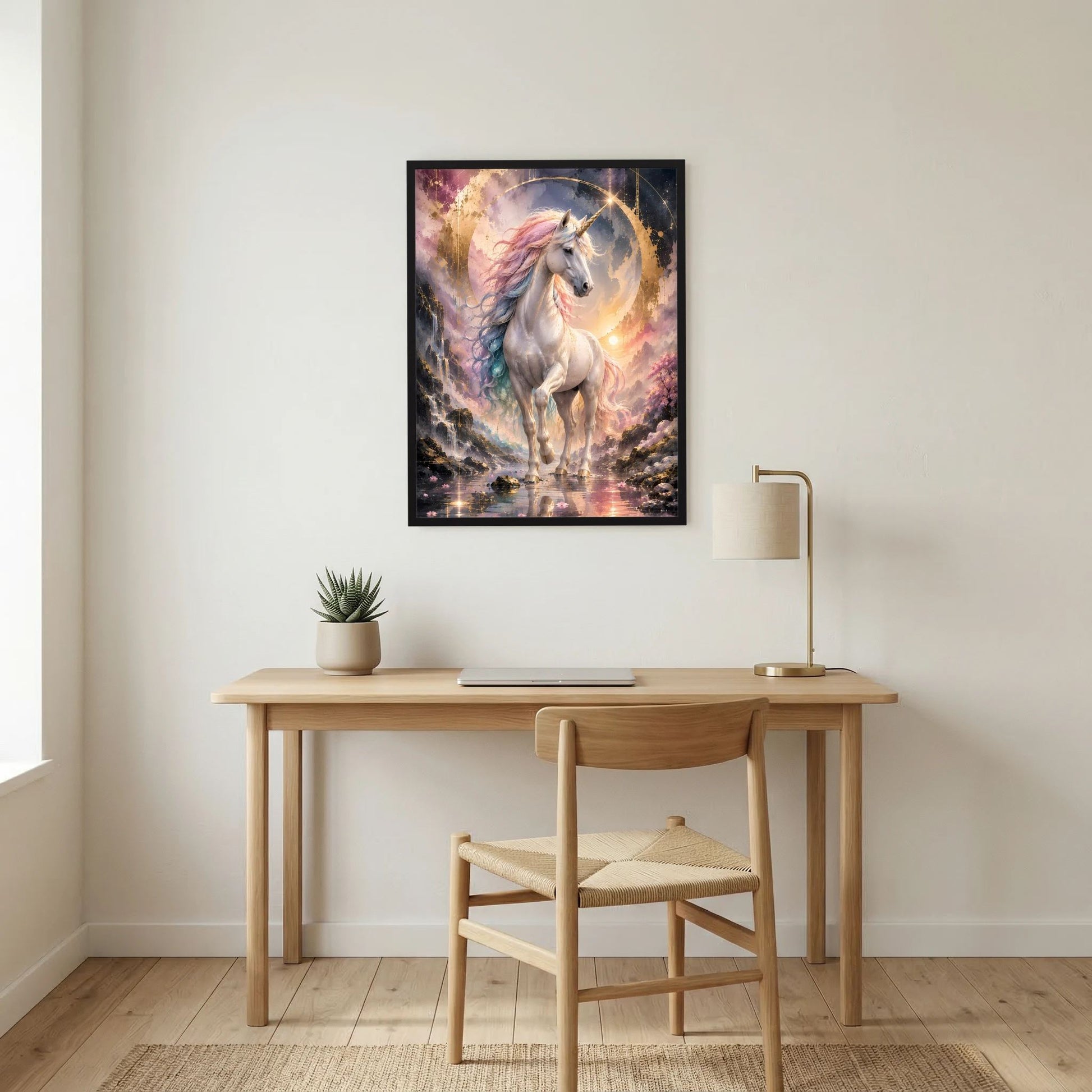 Gerahmtes Hochformat-Poster mit Einhorn in Pastellfarben, goldene Lichtpunkte