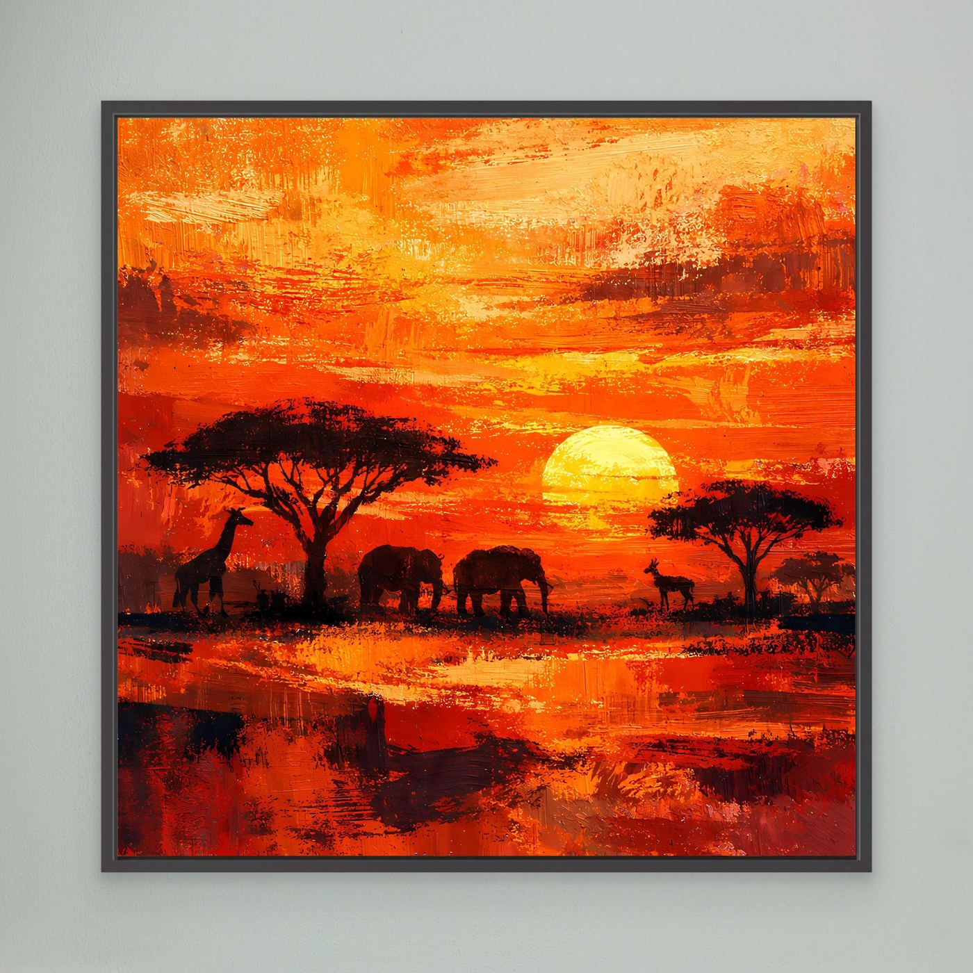 Leinwand Afrikanische Savanne bei Sonnenuntergang | Modernes Elefanten & Giraffen Wandbild