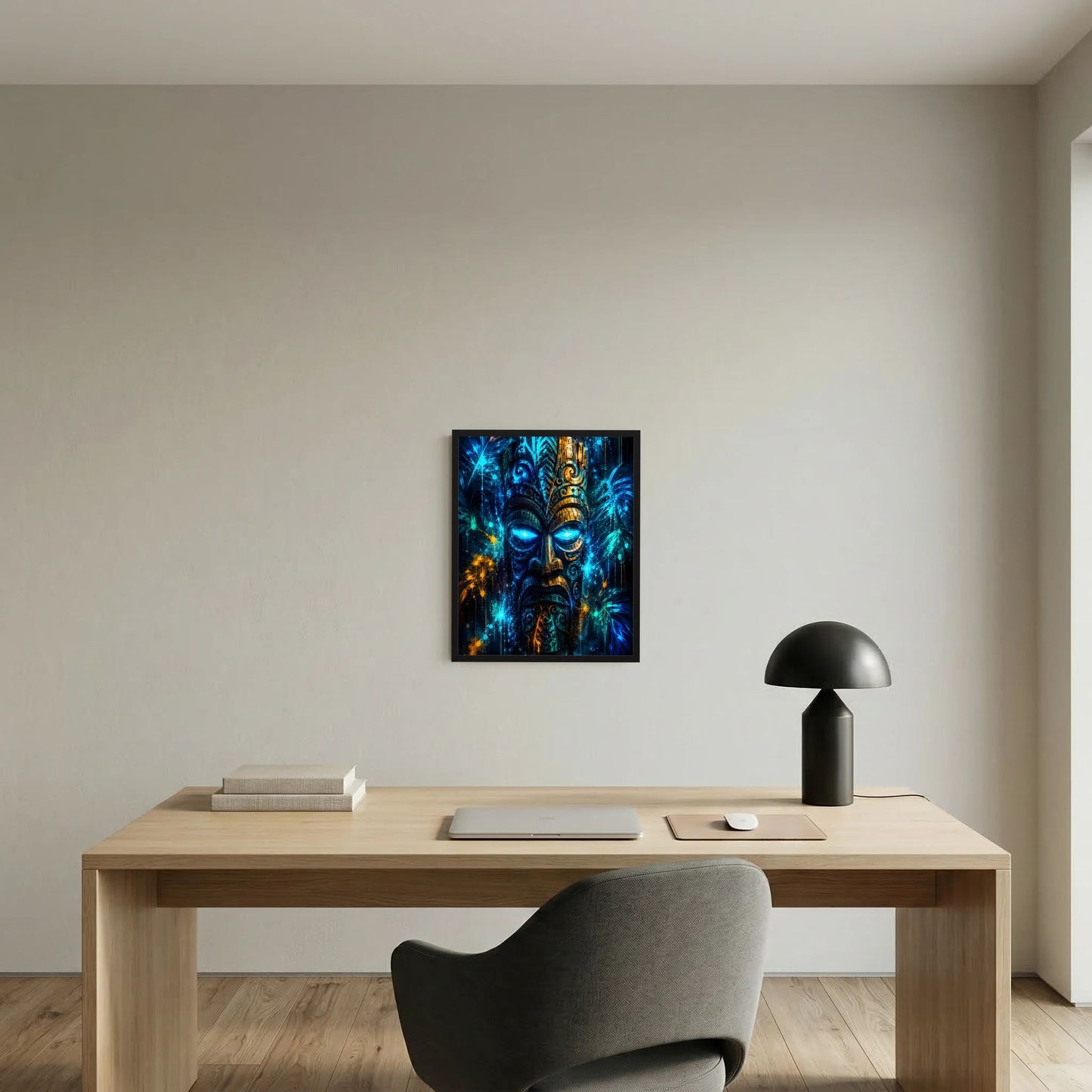 Gerahmtes Hochformat-Kunstposter mit Tiki-Maske, leuchtend blau und gold
