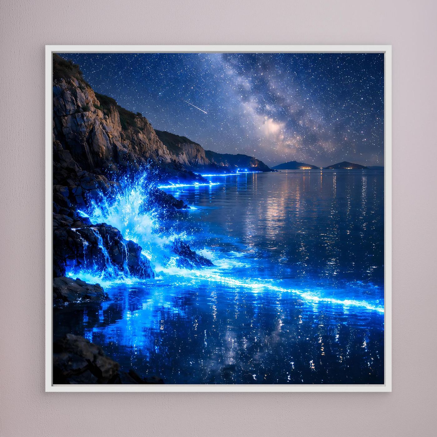 Leinwandbild mit blauem Meeresleuchten, Sternenhimmel und Wasserreflexen, weiß gerahmt