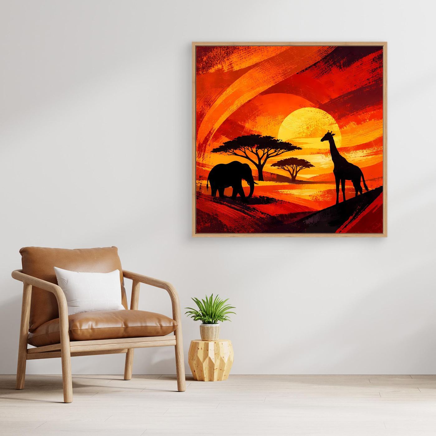 Gerahmtes Leinwandbild mit Afrikamotiv: Silhouetten von Giraffe, Elefant und Bäumen im Sonnenuntergang