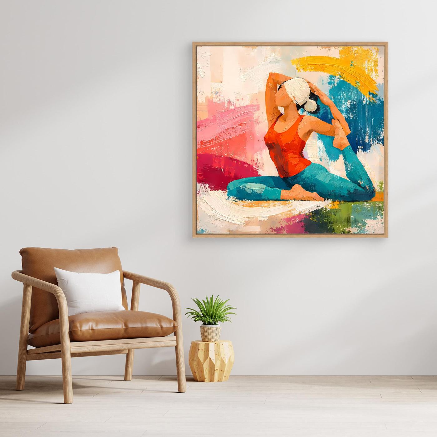 Leinwand-Yoga-Wandbild mit abstrakter Frau im Sitzen, mit hellem Holzrahmen
