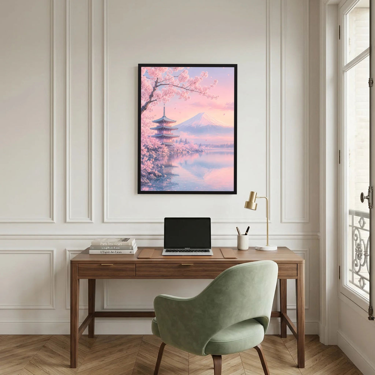 Hochformatiges Poster mit Kirschblütenast, Pagode und Fuji in pastelligem Rosa-Ton