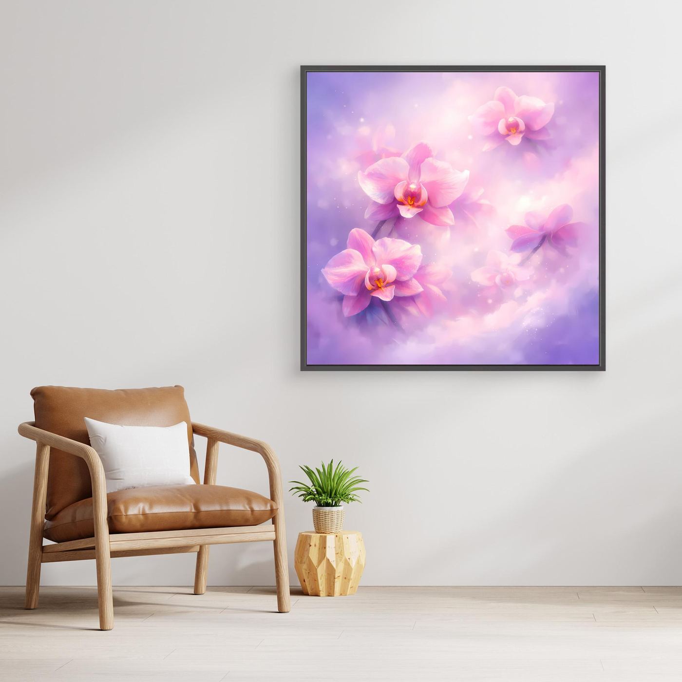 Leinwandbild mit pastellfarbenen Orchideen, lila-pinkes Motiv, mit schwarzem Rahmen.