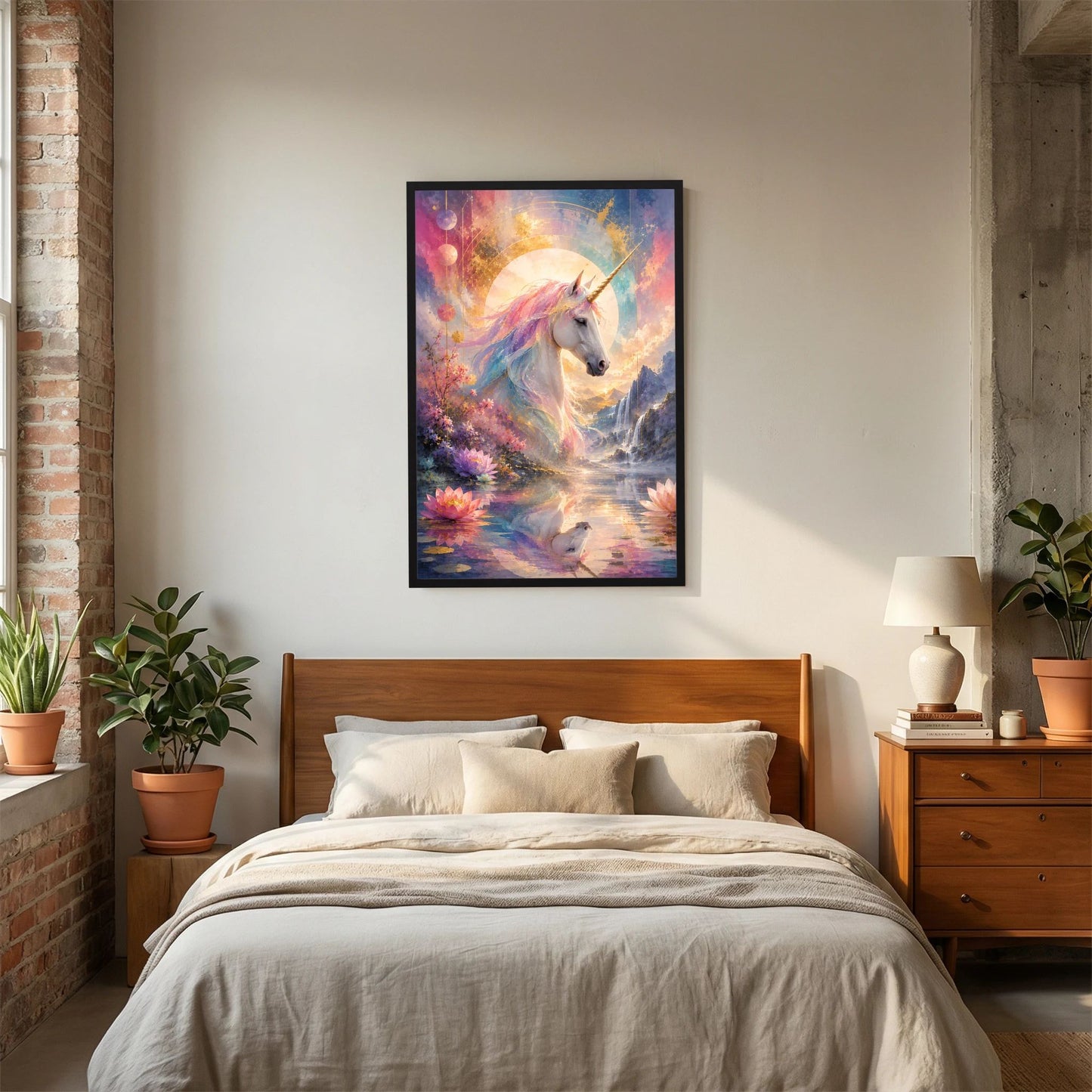Gerahmtes Einhorn-Fantasy-Poster über Bettansicht, Pastellmotiv mit goldenem Lichtbogen, schwarzer Rahmen