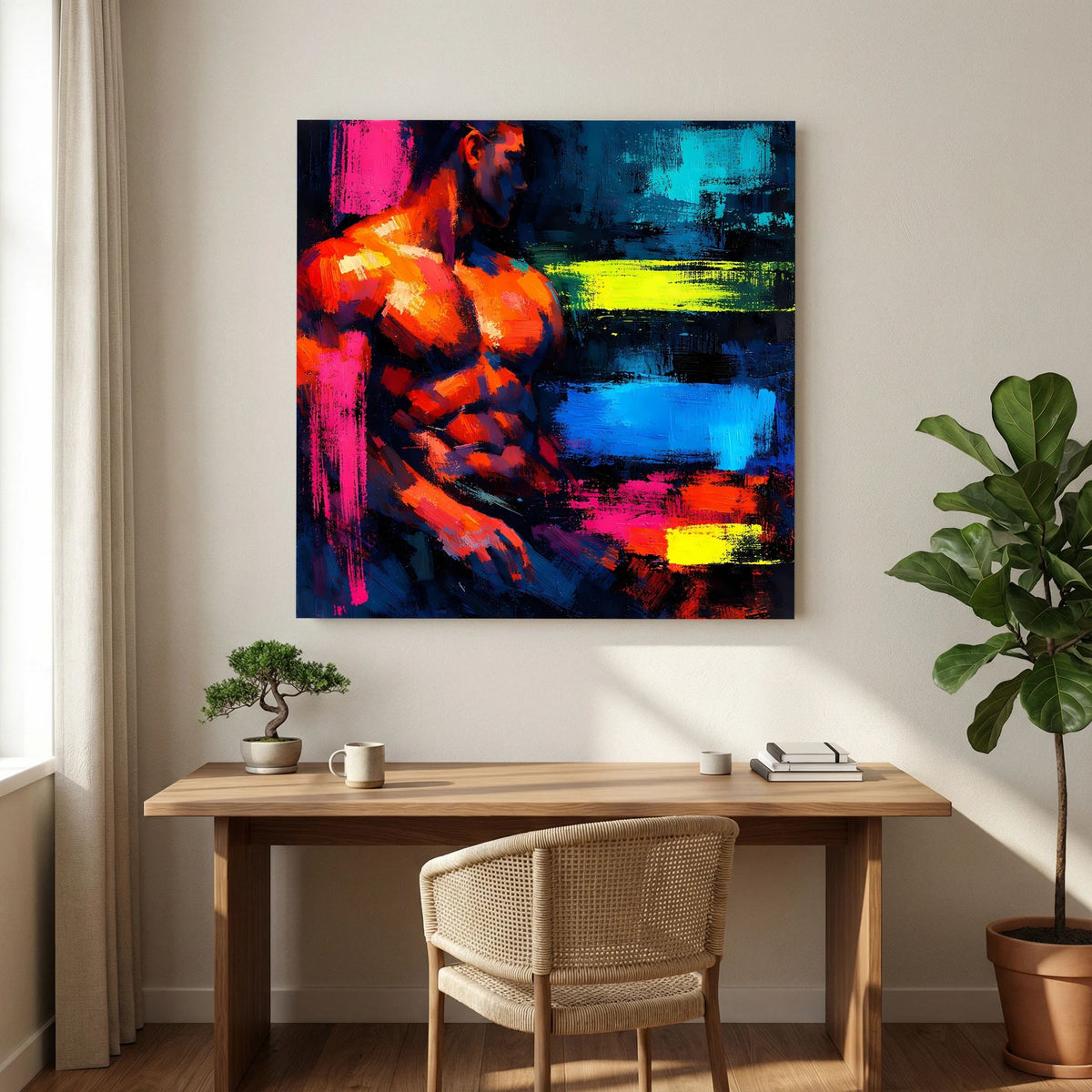 Leinwandbild: abstrakter männlicher Torso in leuchtenden Farben, orange/pink und blau mit gelben Punkten